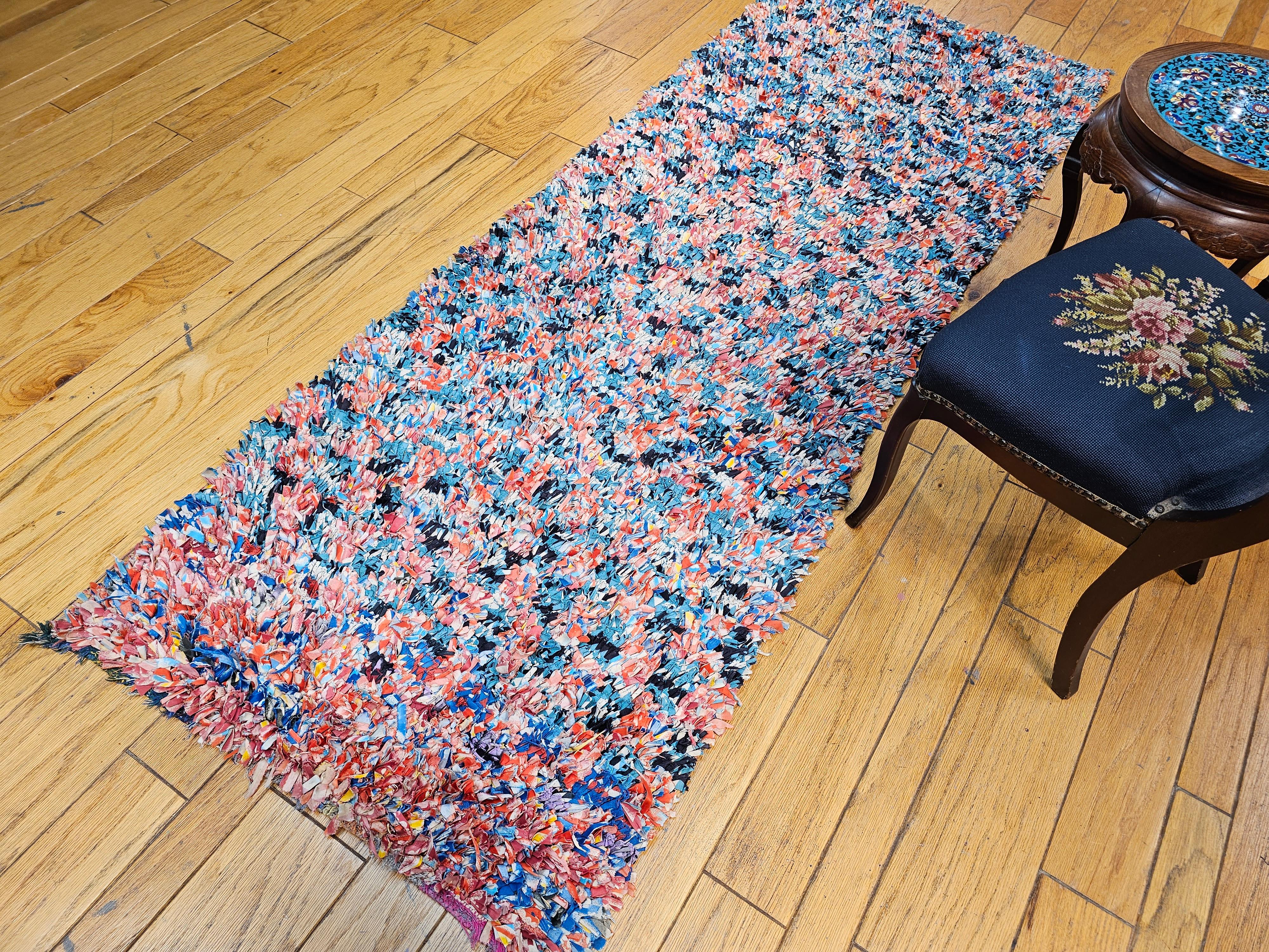 Vintage Handwoven Moroccan Boucherouite Shag Runner In Abstract Pattern in Blue For Sale 2