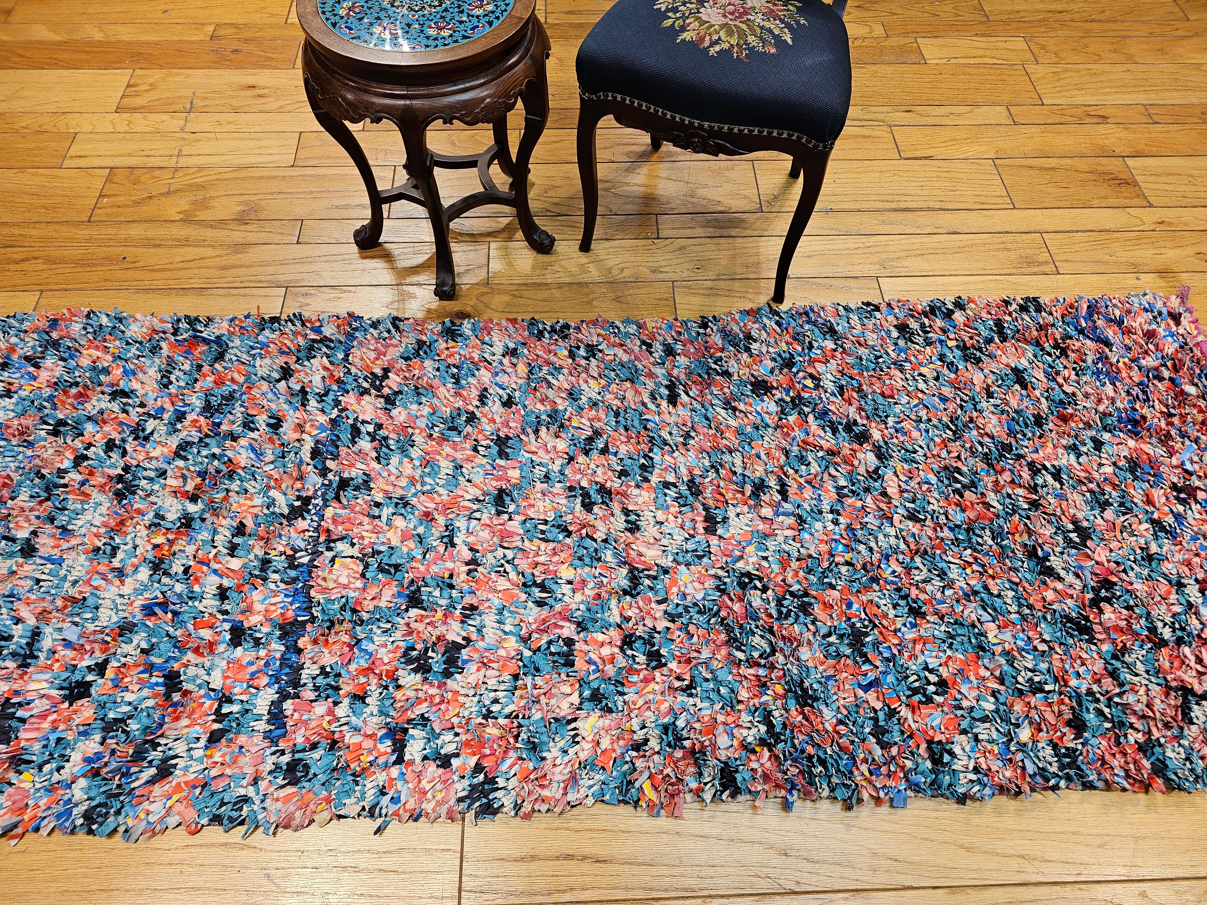 Vintage Handwoven Moroccan Boucherouite Shag Runner In Abstract Pattern in Blue For Sale 3