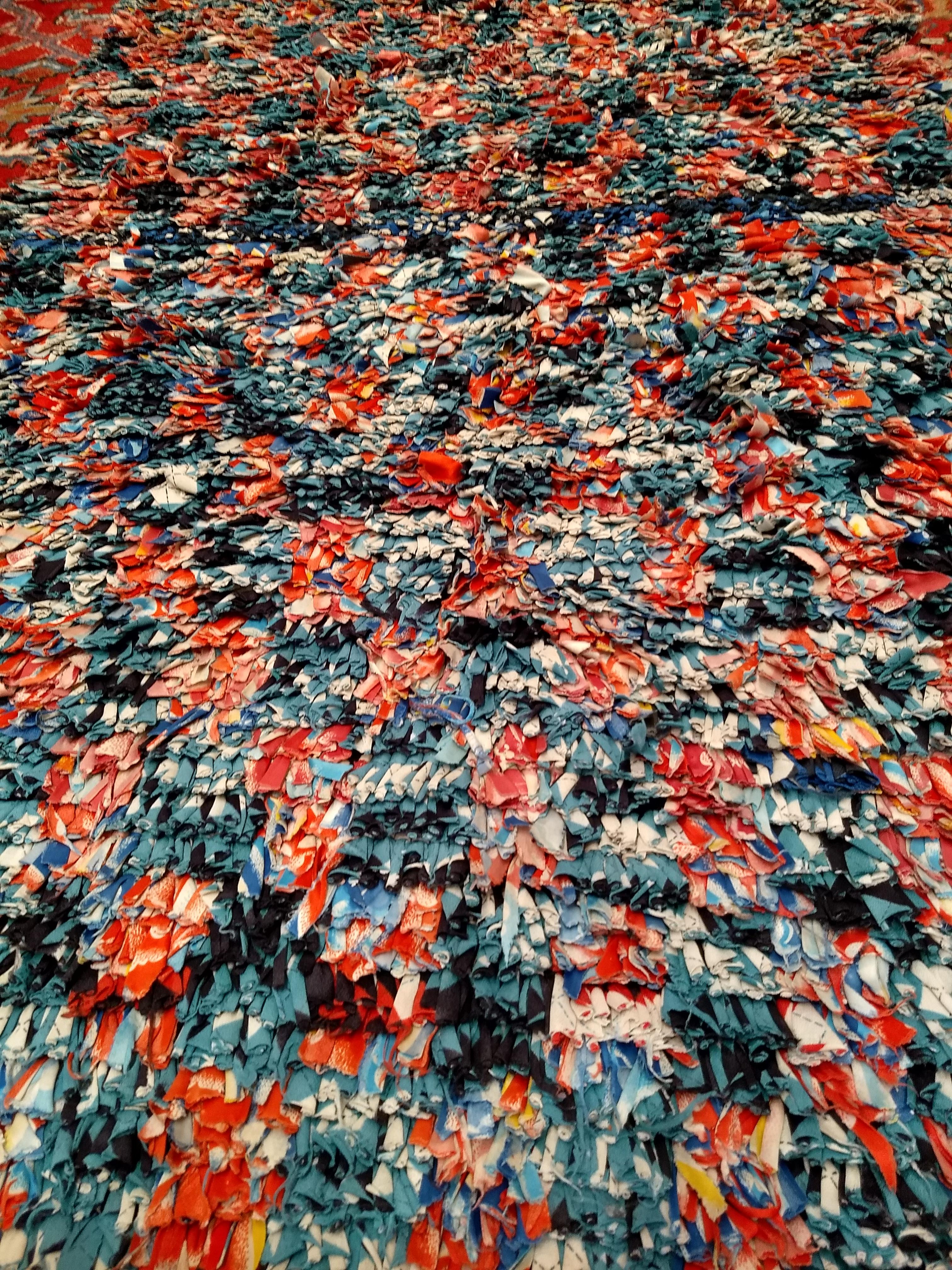 Vintage Handwoven Moroccan Boucherouite Shag Runner In Abstract Pattern in Blue