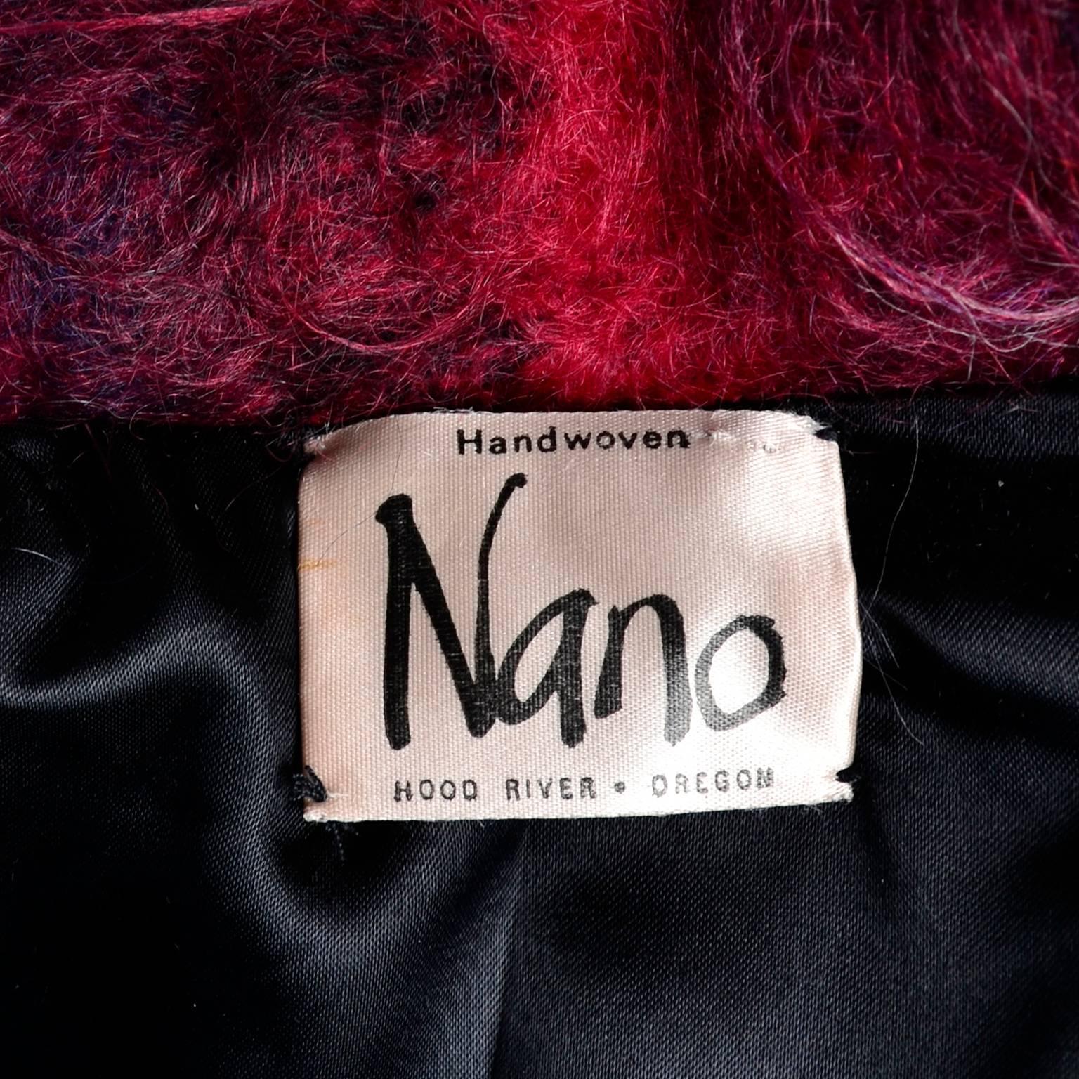 Vintage handgewebter Nano Fuzzy Mohairmantel in Rot und Lila mit Satinfutter 6