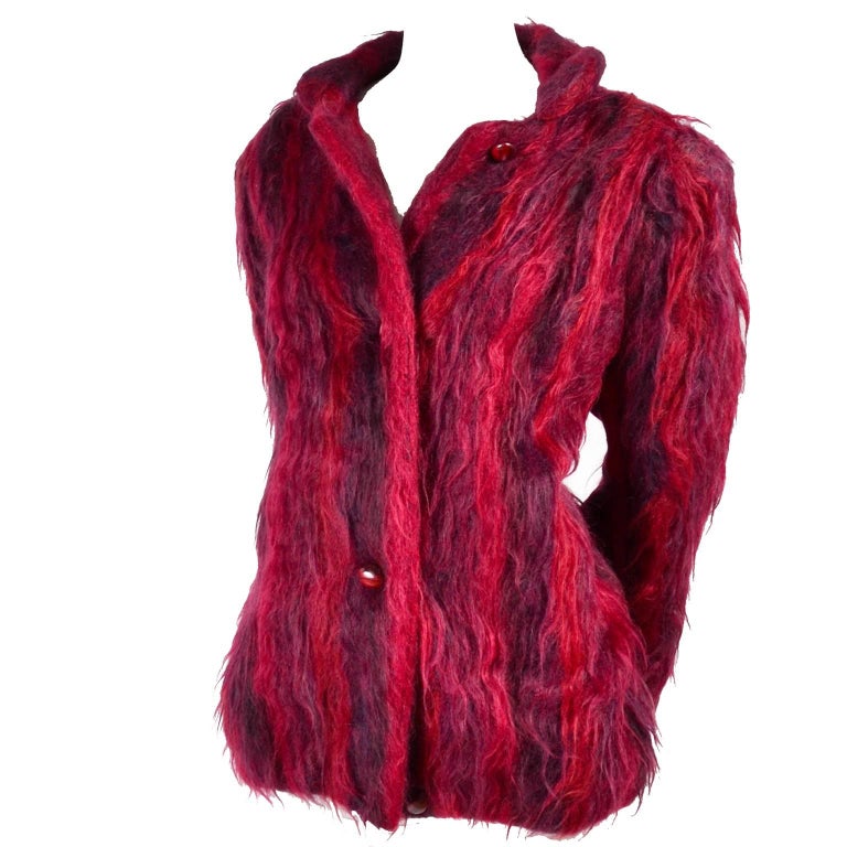 Vintage Handwoven Nano Fuzzy Mohair Coat in Red and Purple With Satin