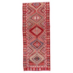 Alfombra Oushak vintage tejida a mano - Negros diamantes tribales sobre fondo rojo