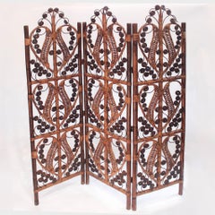 Vintage Handwoven Rattan and Wicker Screen with Foliate Decoration