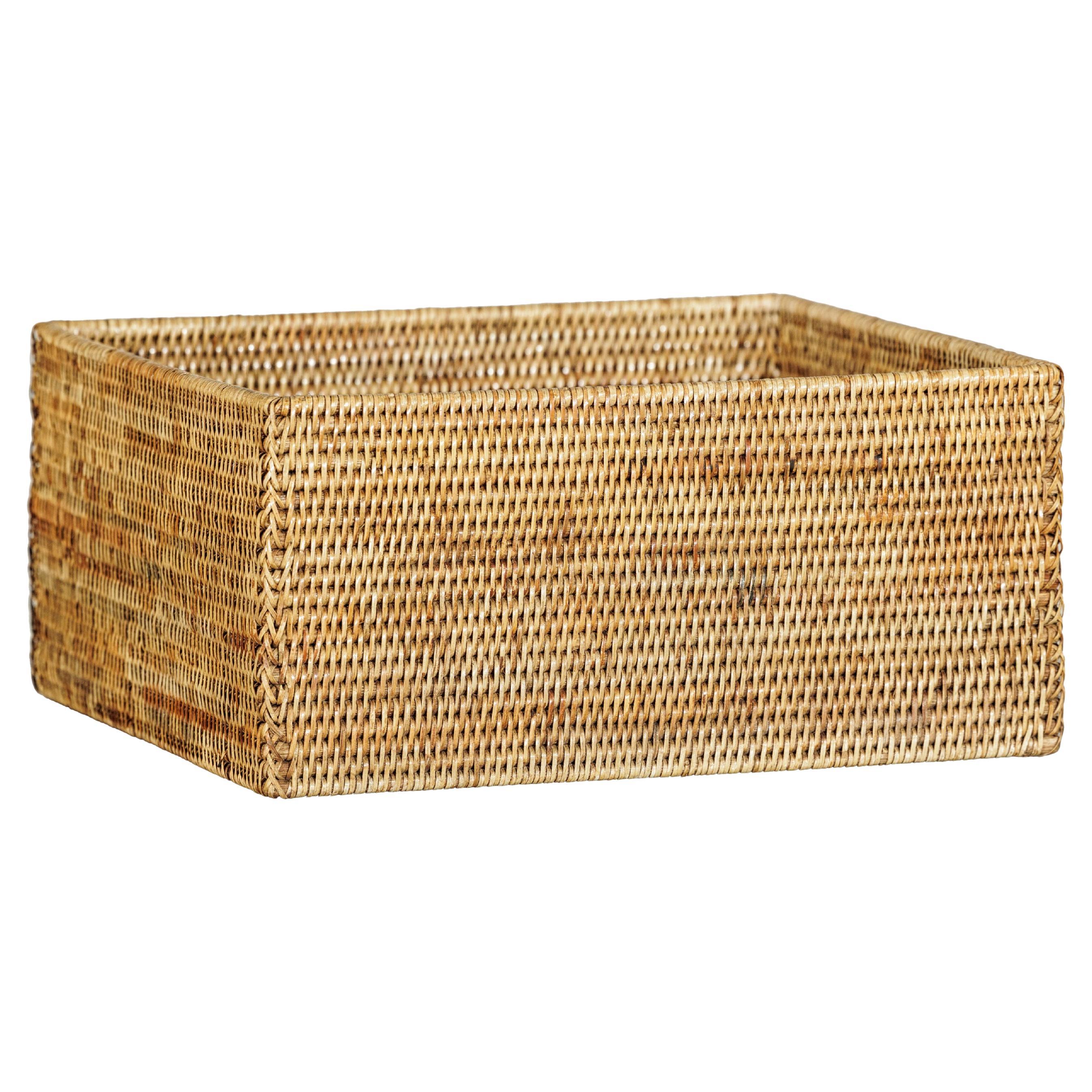 Vintage Handwoven Rattan Rectangular Storage Basket in Natural Honey Tone