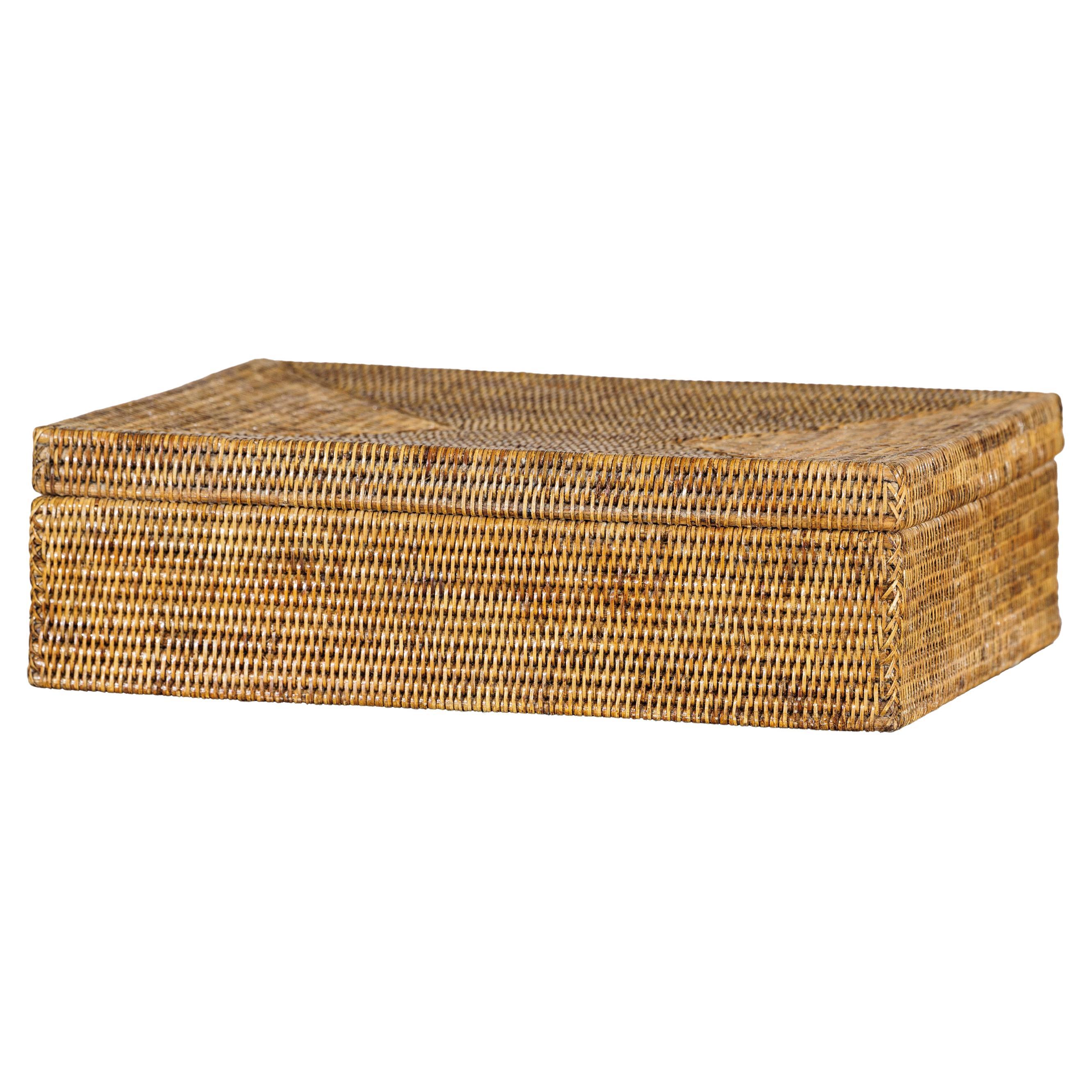 Vintage Handwoven Rattan Storage Basket with Fitted Lid in Coastal Country Style