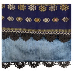 Vintage Handwoven Silk Pillow with Black Lace Trim and Velvet Back