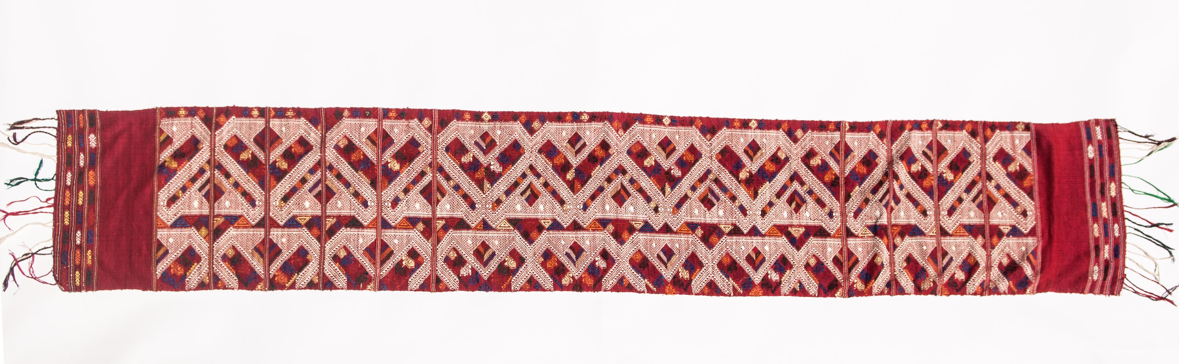 Vintage handwoven silk shoulder cloth supplementary weft Laos, late 20th century
This Pha Biang or shoulder cloth was handwoven in northeast Laos utilizing a traditional supplementary weft technique.
Condition: The piece is in good
