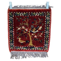 Vintage Handwoven Small Rug with Birds and Tree Motif, Folk Art Accent Mat.