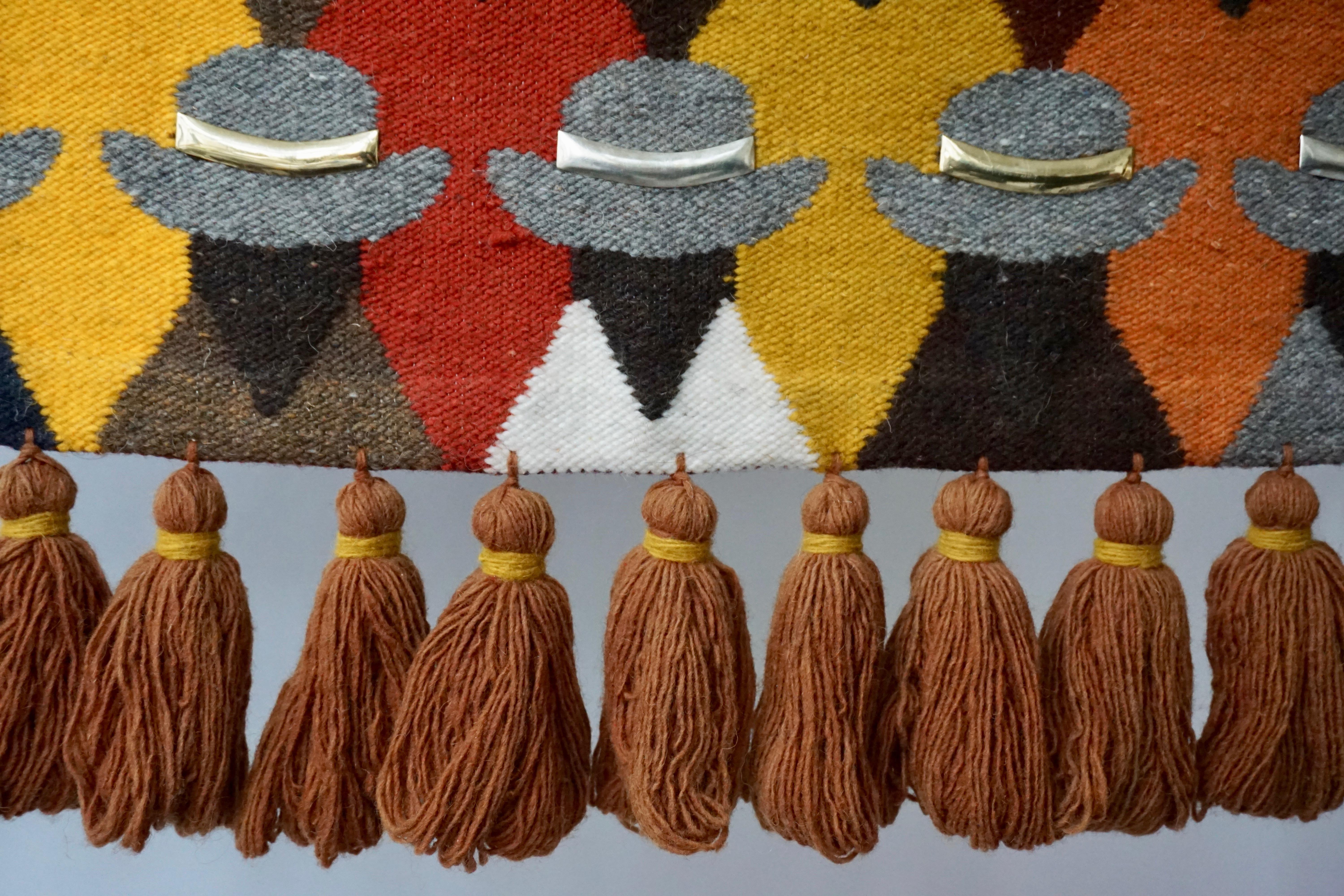 Men in Hats Ecuador Vintage Hand Woven Wool Tapestry