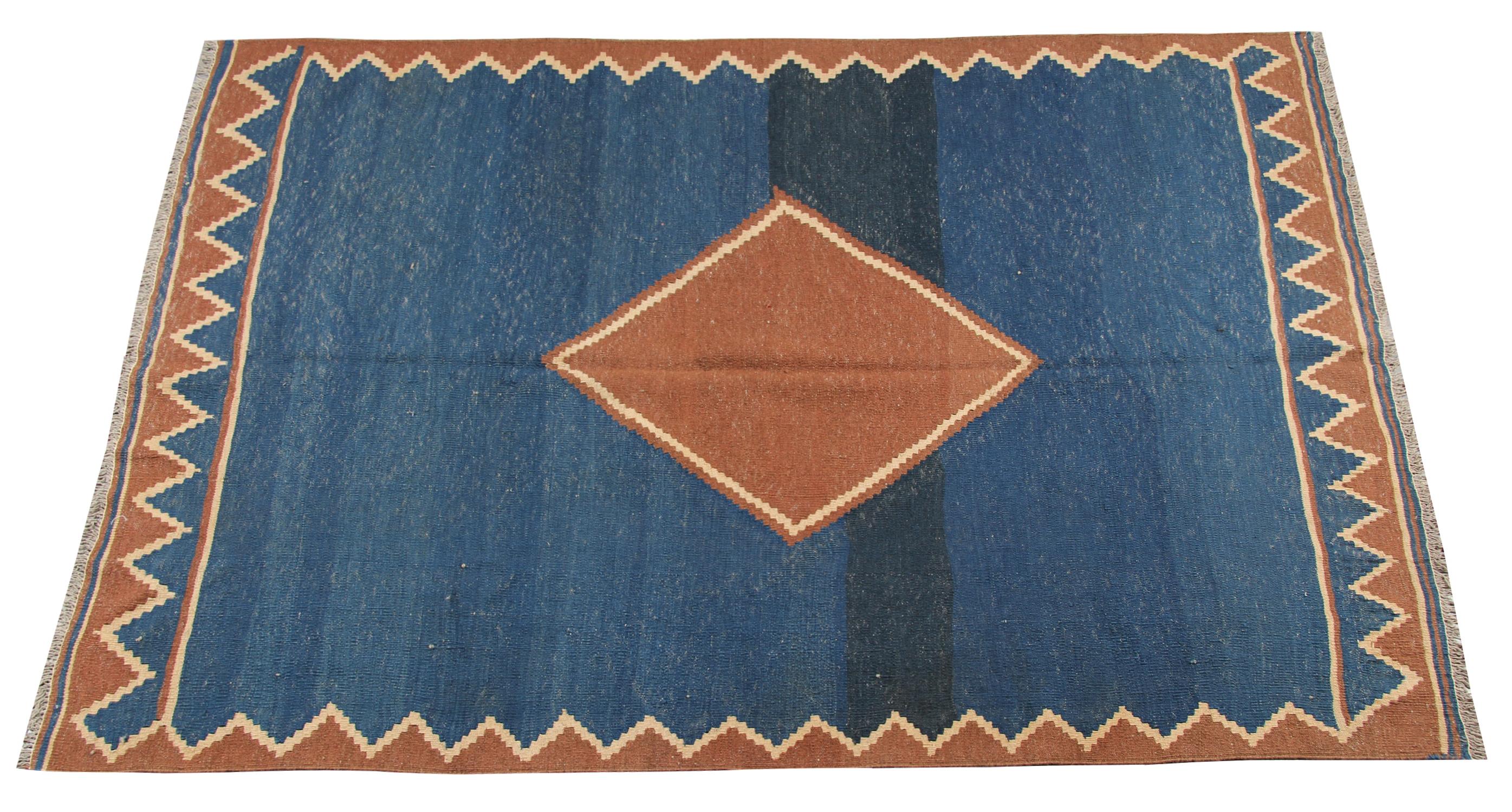 Turkish Vintage Handwoven Tribal Kilim Rug Blue Minimalist