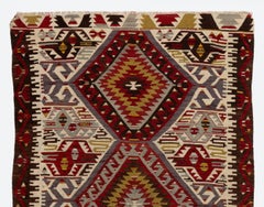 Antique Turkish Runner Kilim with Geometric Design. 4.8x11 Ft Wool Flatweave Rug