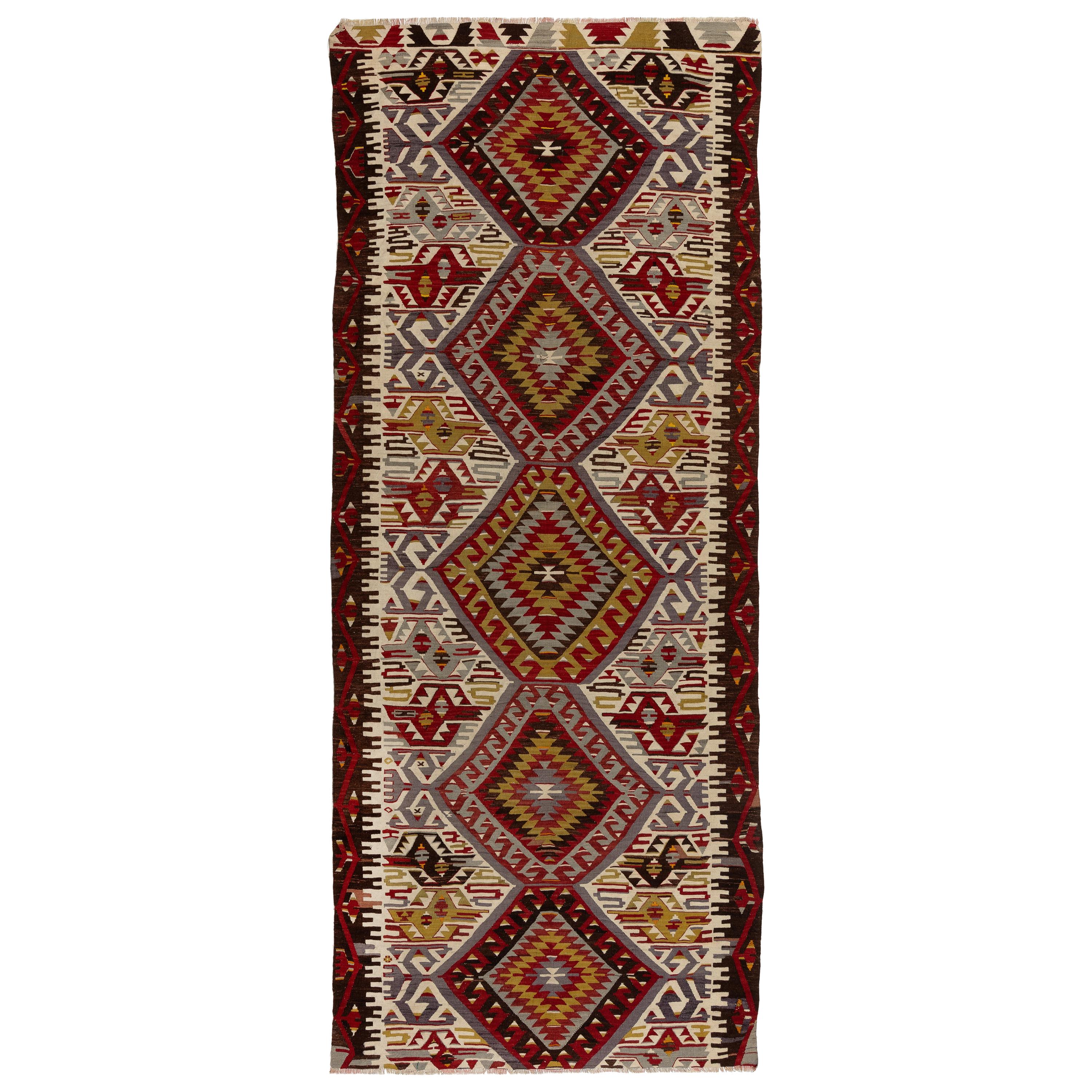 Antique Turkish Runner Kilim with Geometric Design. 4.8x11 Ft Wool Flatweave Rug
