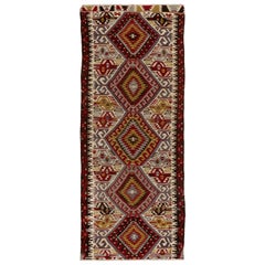 Tapis de couloir turc ancien Kilim à motif géométrique. 4,8 x 11 pieds en laine tissé à plat