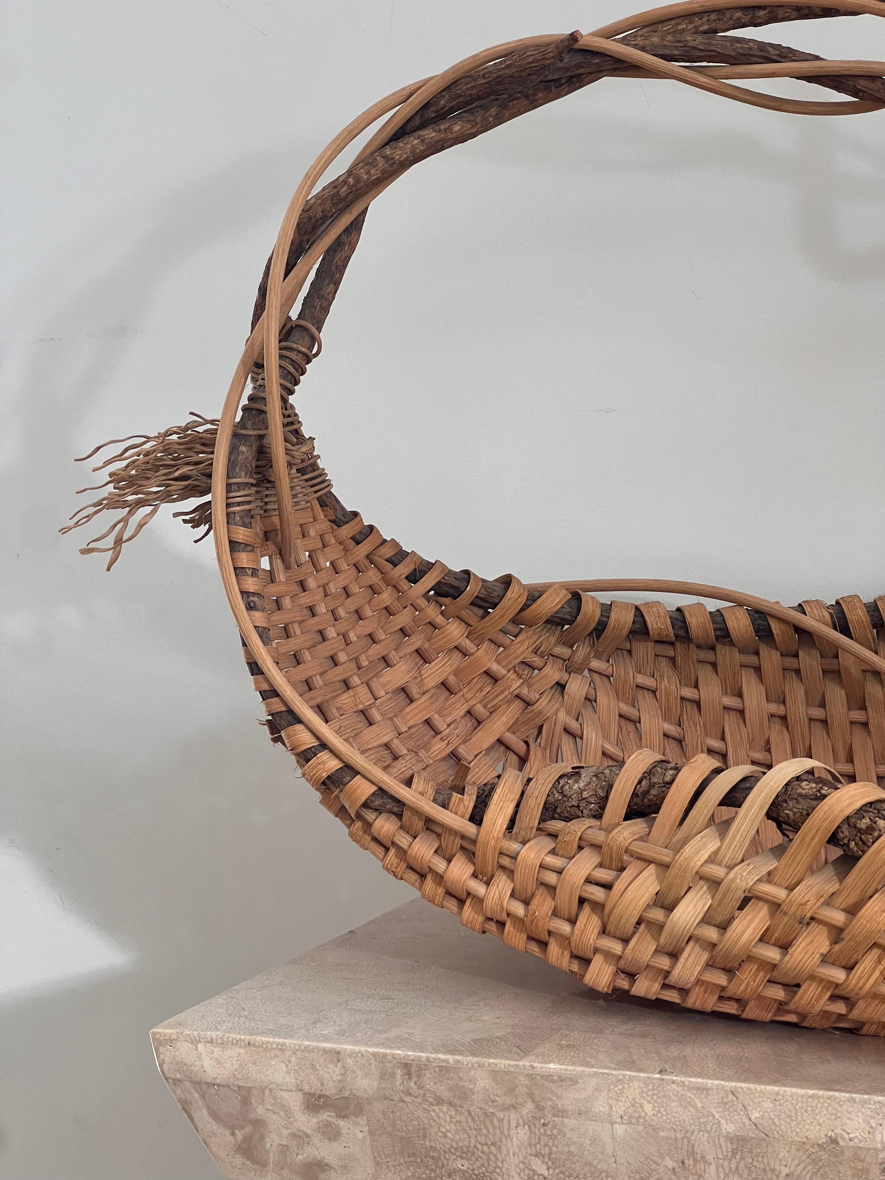 Vintage Handwoven Wicker and Wood Decorative Basket by Artist, Late 20th Century 5
