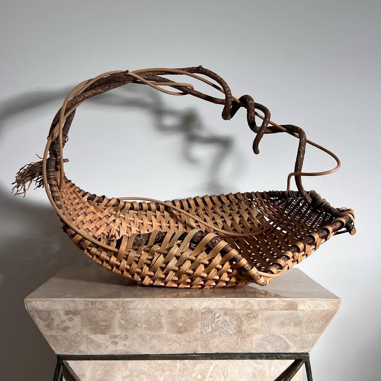 Organic Modern Vintage Handwoven Wicker and Wood Decorative Basket by Artist, Late 20th Century
