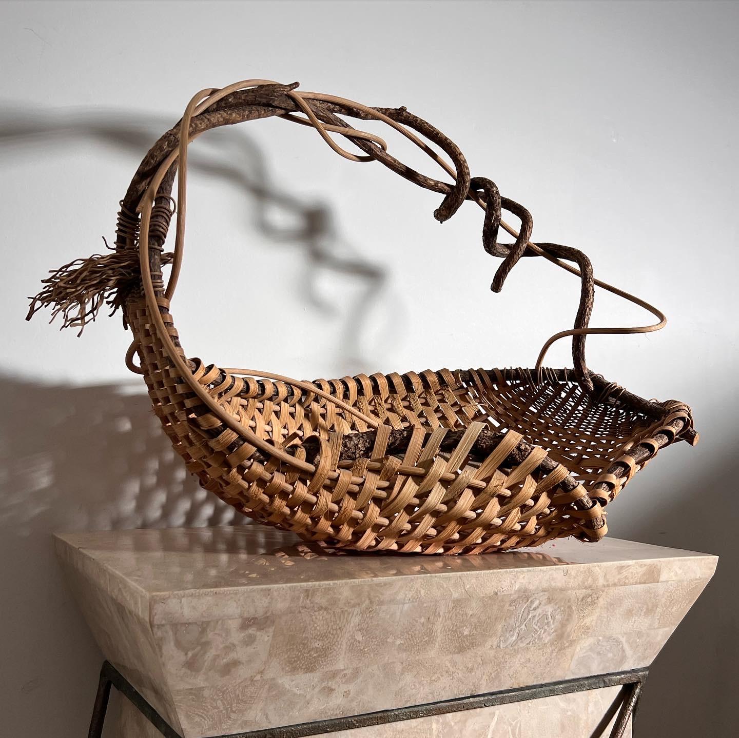 American Vintage Handwoven Wicker and Wood Decorative Basket by Artist, Late 20th Century