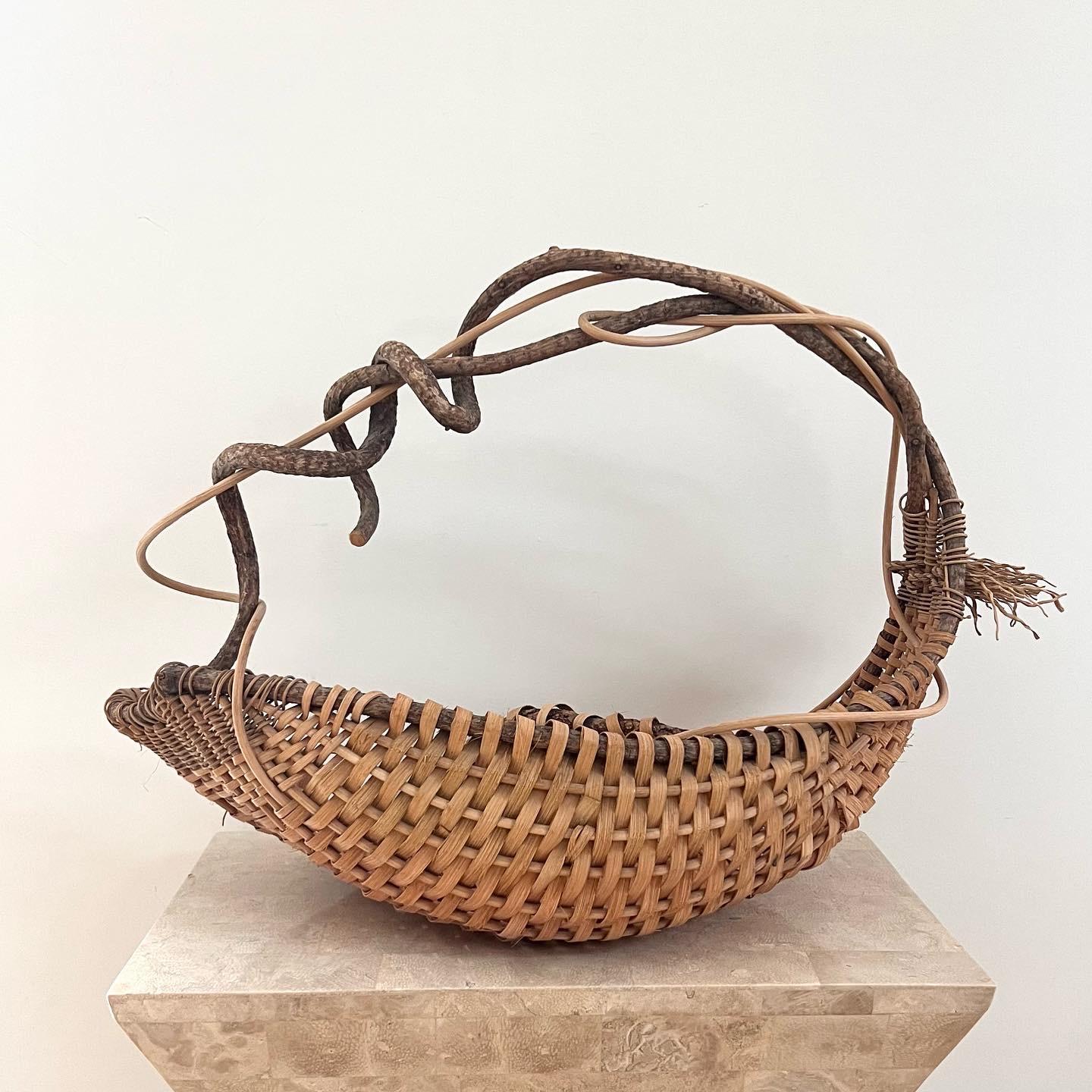 Hand-Woven Vintage Handwoven Wicker and Wood Decorative Basket by Artist, Late 20th Century