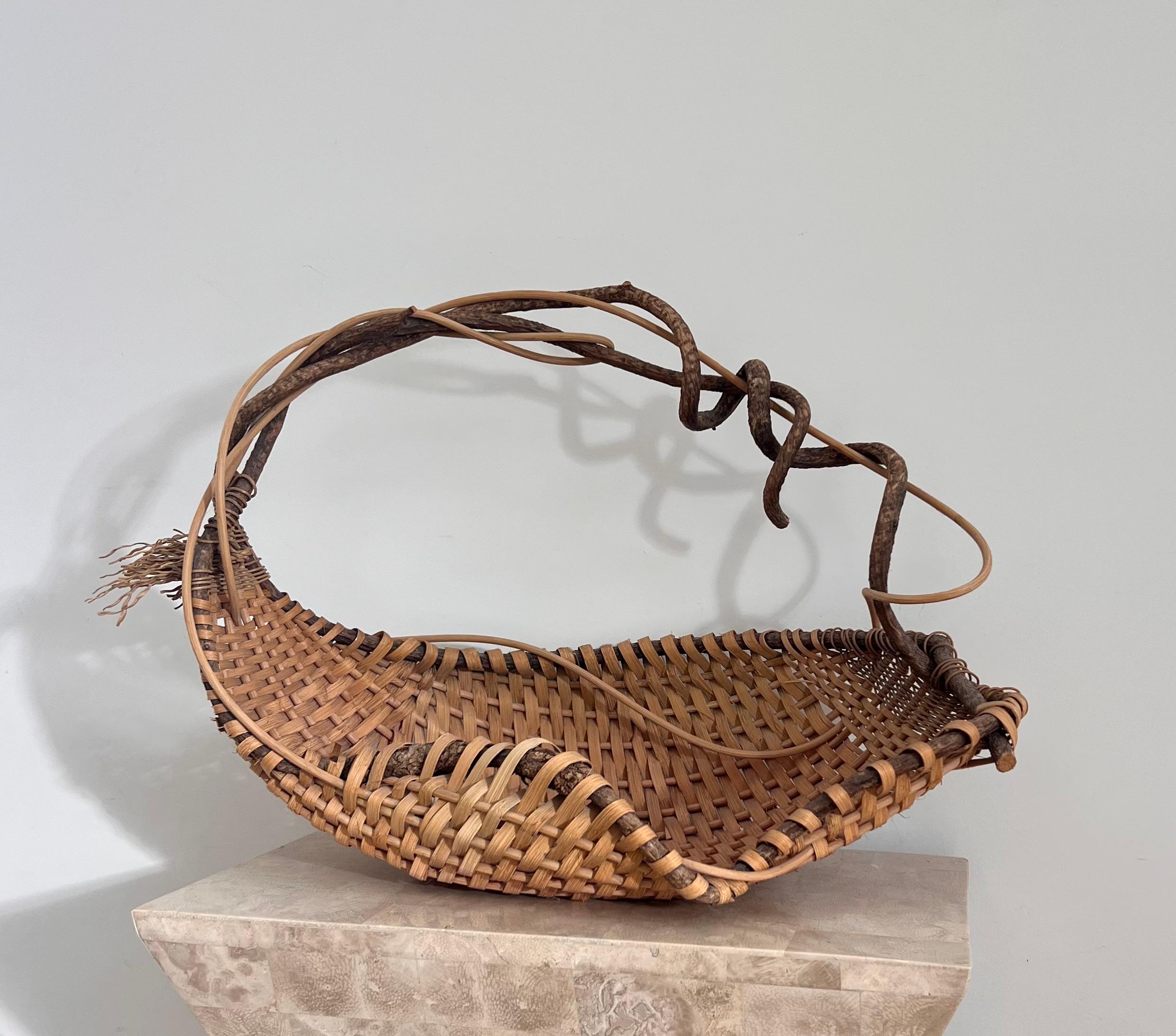 Vintage Handwoven Wicker and Wood Decorative Basket by Artist, Late 20th Century 1