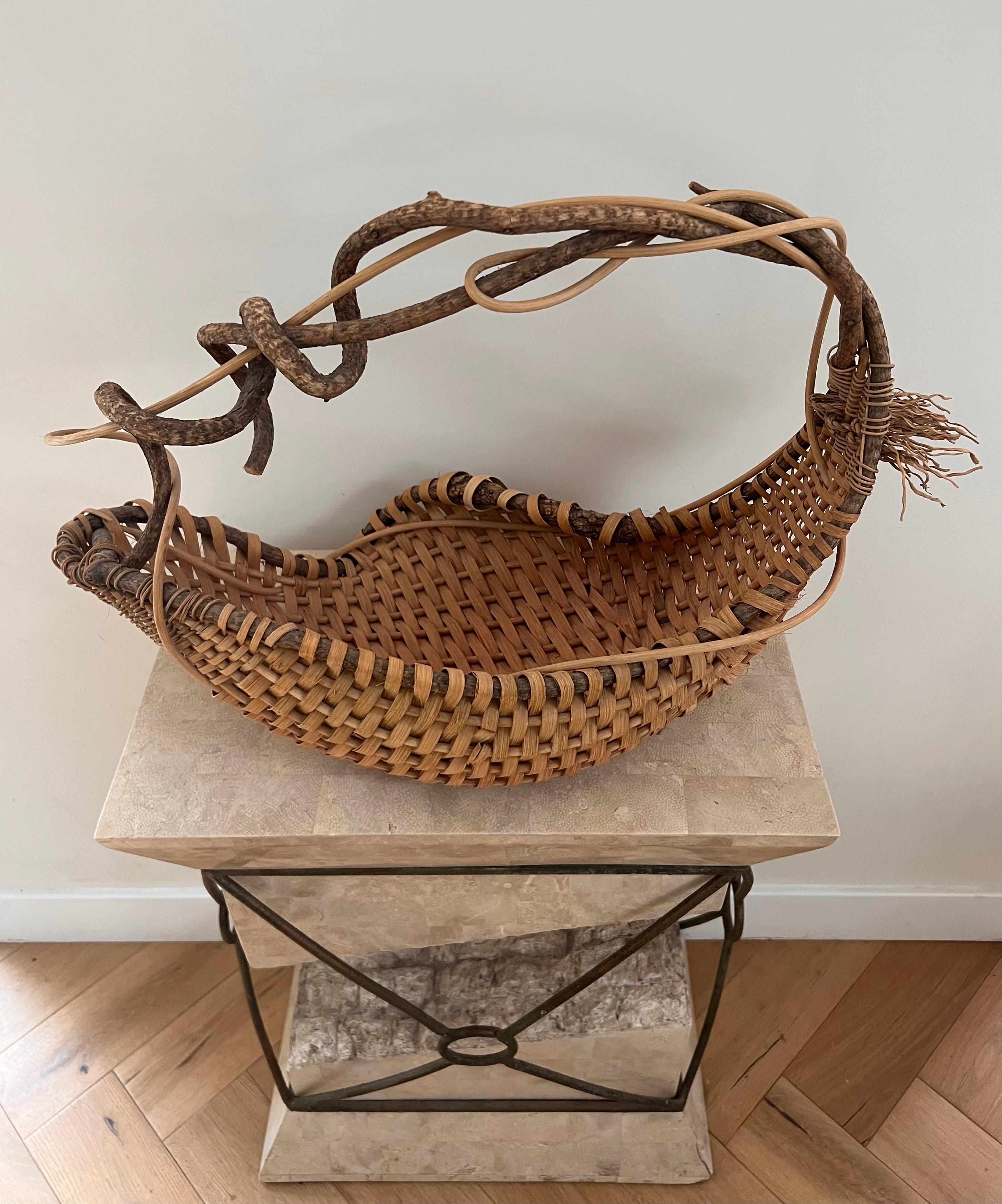 Vintage Handwoven Wicker and Wood Decorative Basket by Artist, Late 20th Century 2