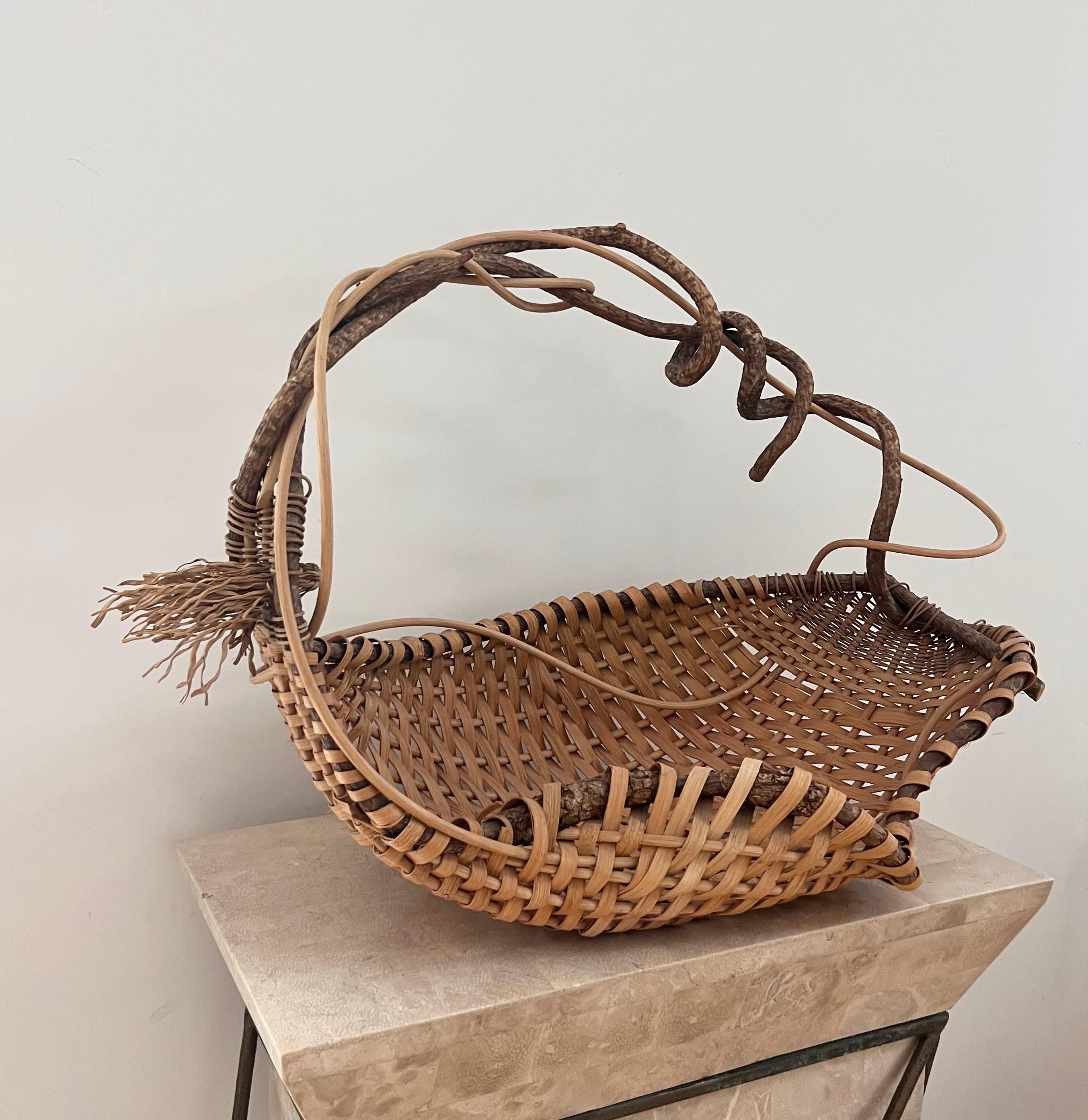 Vintage Handwoven Wicker and Wood Decorative Basket by Artist, Late 20th Century 3