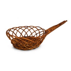 Vintage Handwoven Wicker Gathering Basket with Long Handle, circa 1960
