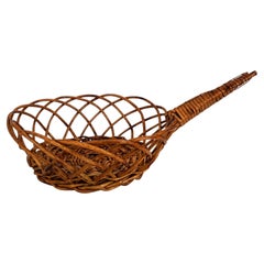 Vintage Handwoven Wicker Gathering Basket with Long Handle, circa 1960