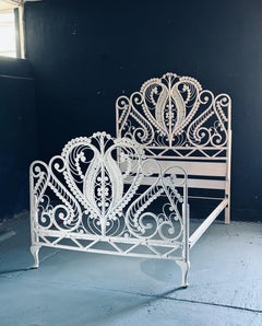 Vintage Handwoven Wicker Peacock Double Bed with Ornate Heart Motif Headboard