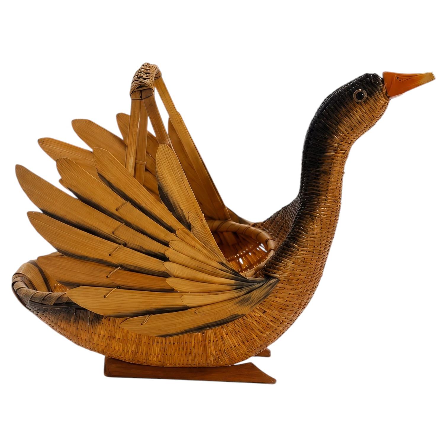 Vintage Handwoven Wicker Swan Basket - Reed and Rattan Design
