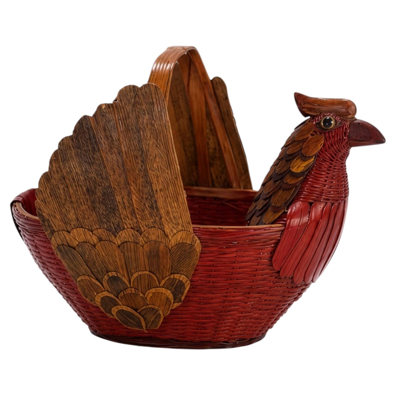 Panier à dinde vintage en osier tressé à la main, rotin chinois, années 1970