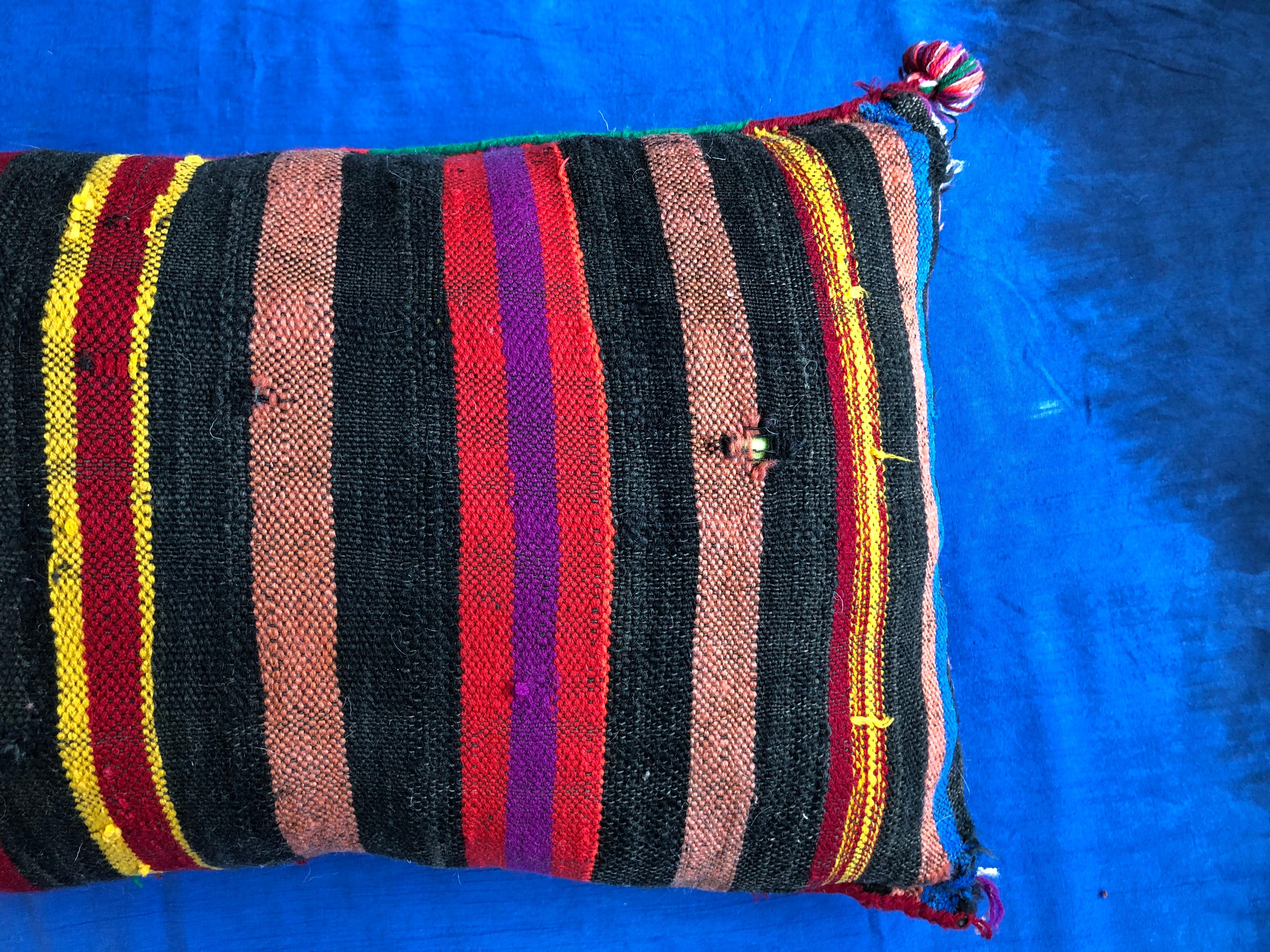 Moroccan Kilim Lumbar Pillow Vintage Handwoven Natural Wool Tassels Boho Bold For Sale 5