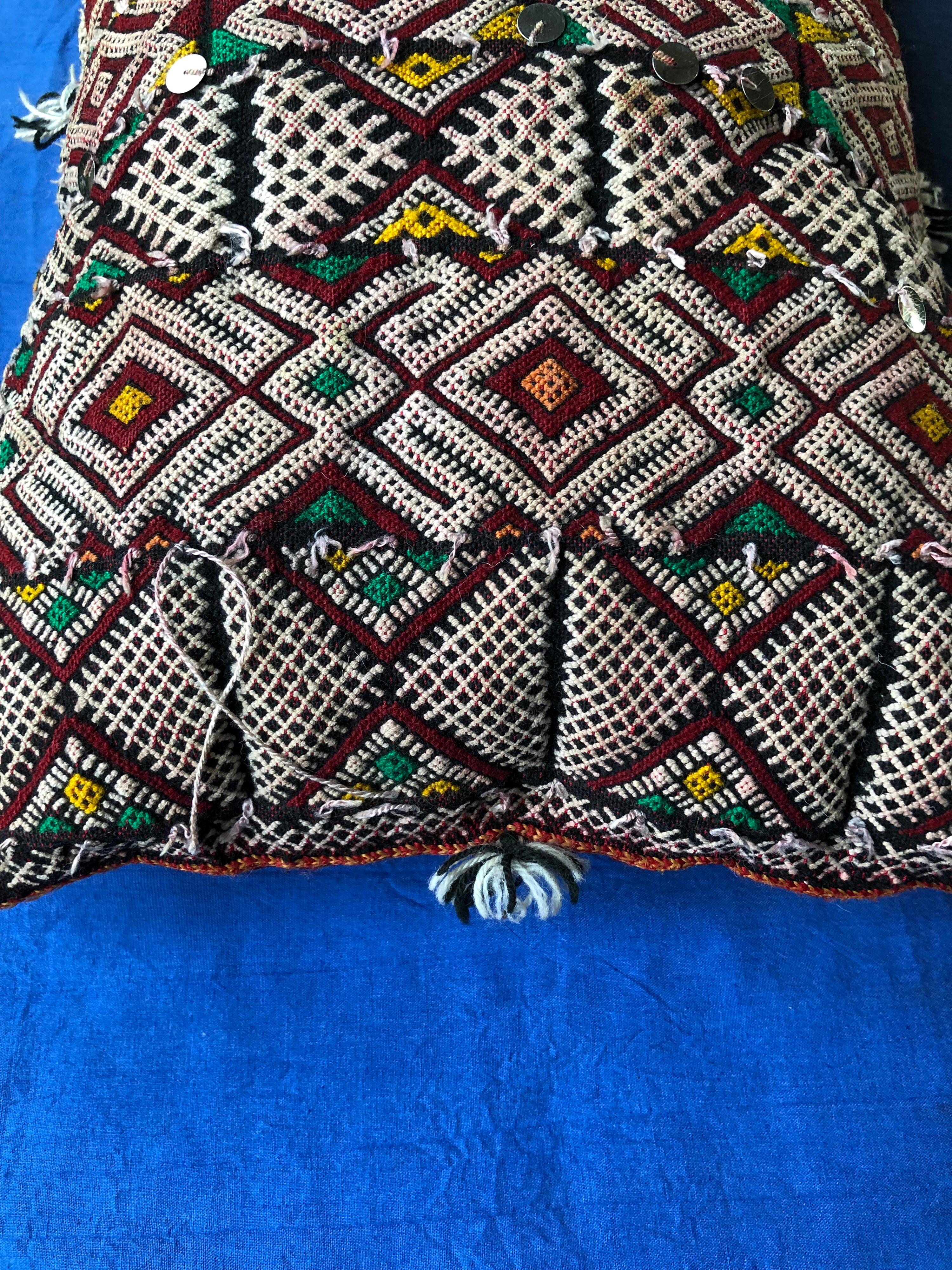 20th Century Vintage Moroccan Kilim Sequined Throw Pillow Handwoven Wool Berber Tribal Boho For Sale