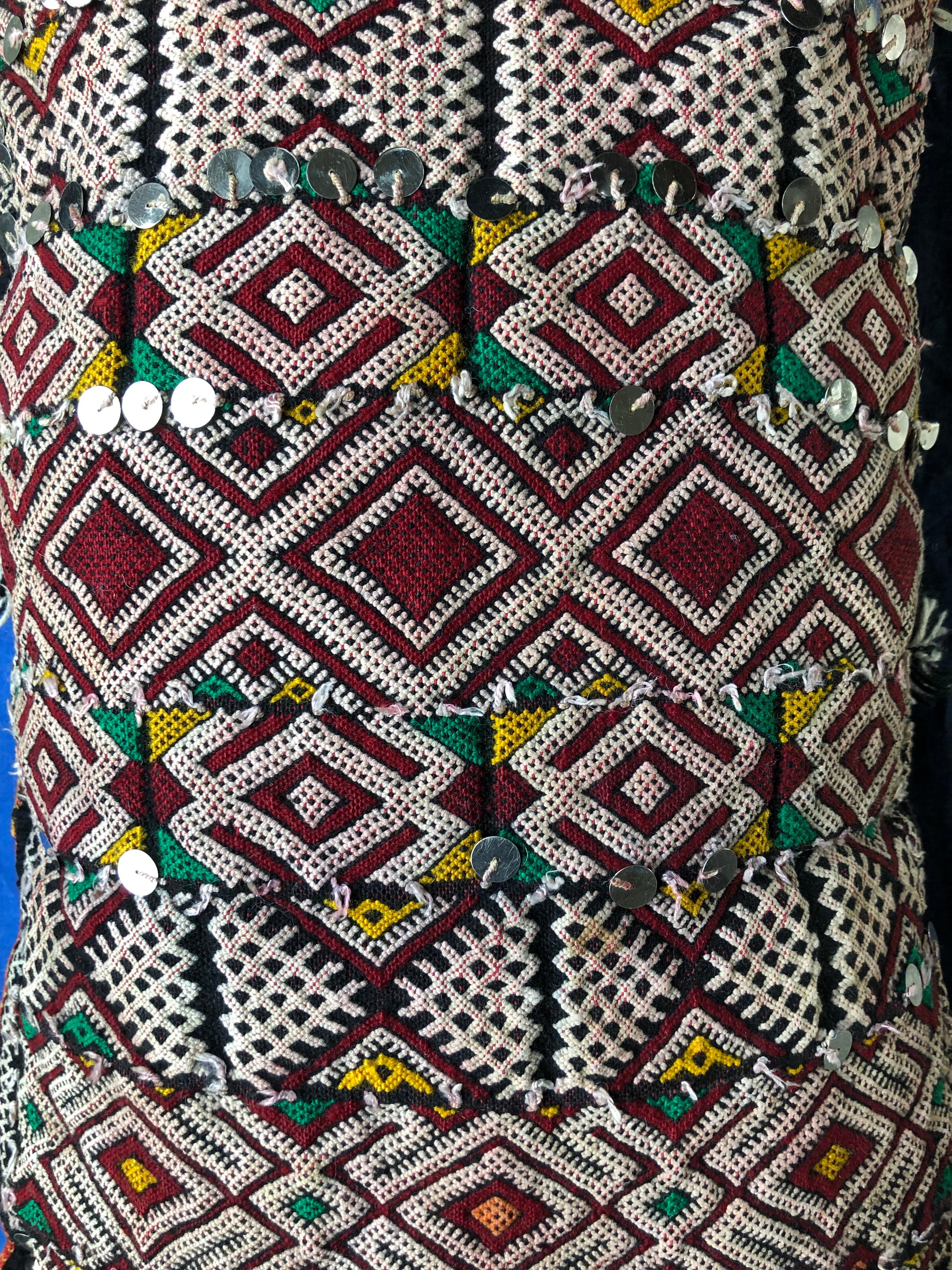 Vintage Moroccan Kilim Sequined Throw Pillow Handwoven Wool Berber Tribal Boho For Sale 1