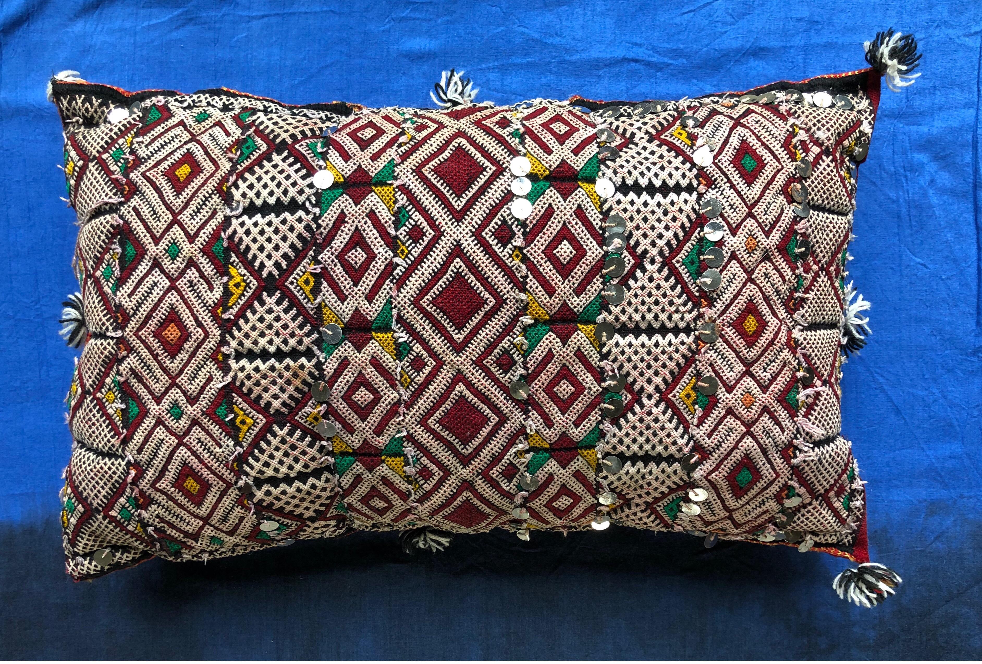 Vintage Moroccan Kilim Sequined Throw Pillow Handwoven Wool Berber Tribal Boho For Sale 2