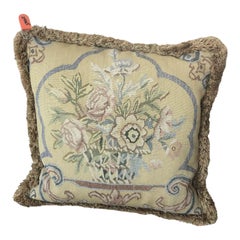 Vintage Handwoven Wool Tapestry Pillow Featuring Basket of Flowers Motif