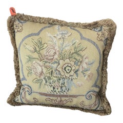 Vintage Handwoven Wool Tapestry Pillow Featuring Basket of Flowers Motif