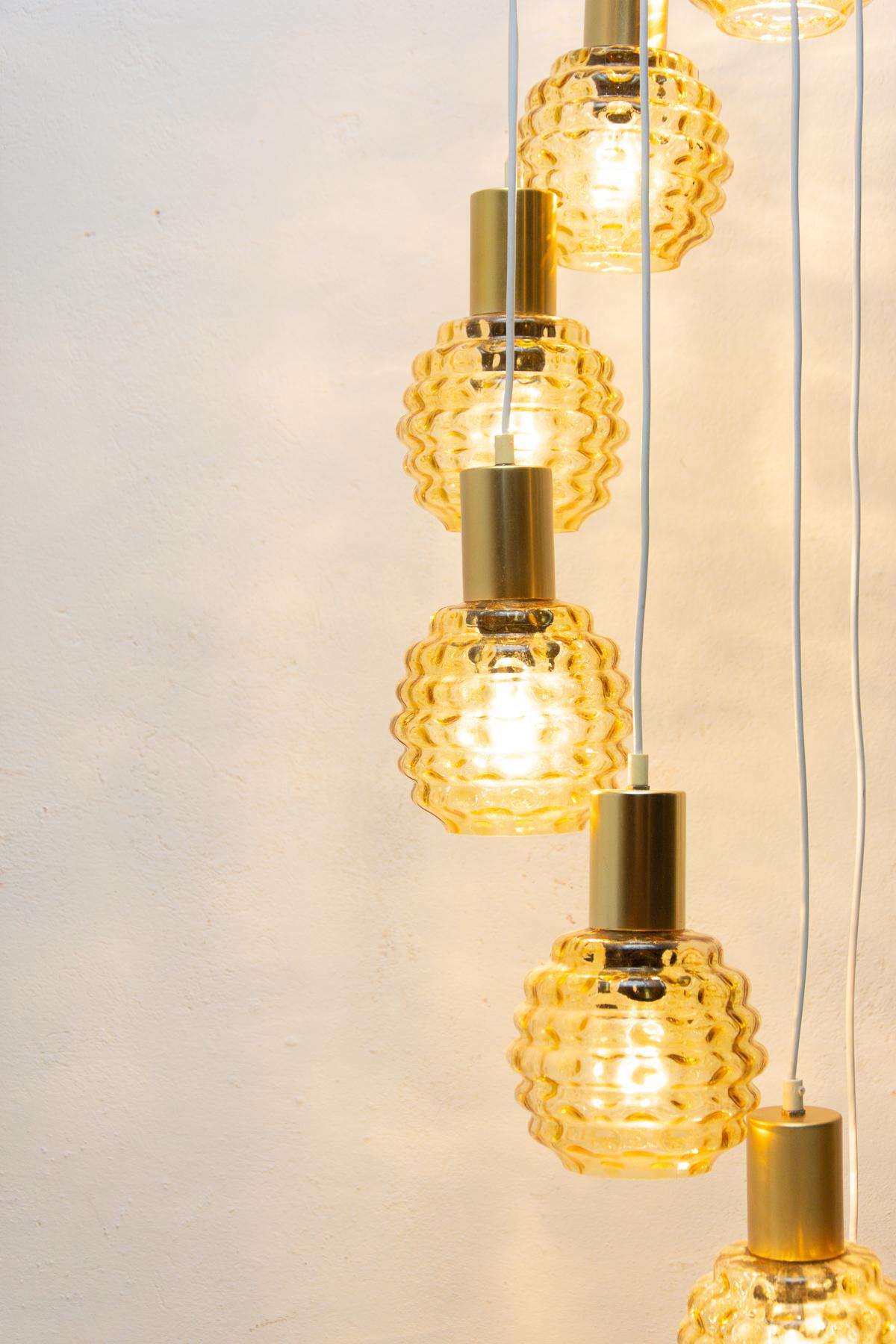 Mid-Century Modern Vintage Hanging Chandelier with Seven Glass Lampshades, Pokrok Žilina, Czech