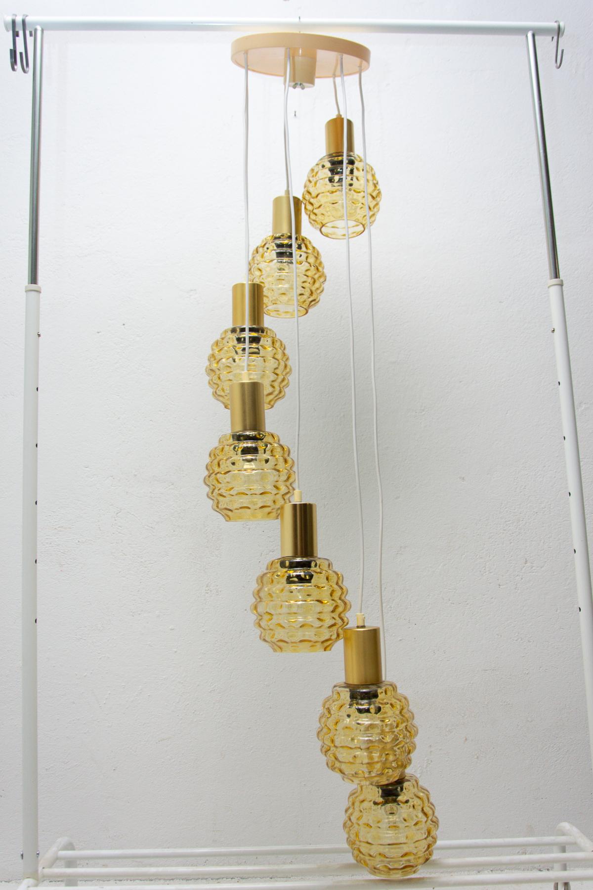 20th Century Vintage Hanging Chandelier with Seven Glass Lampshades, Pokrok Žilina, Czech