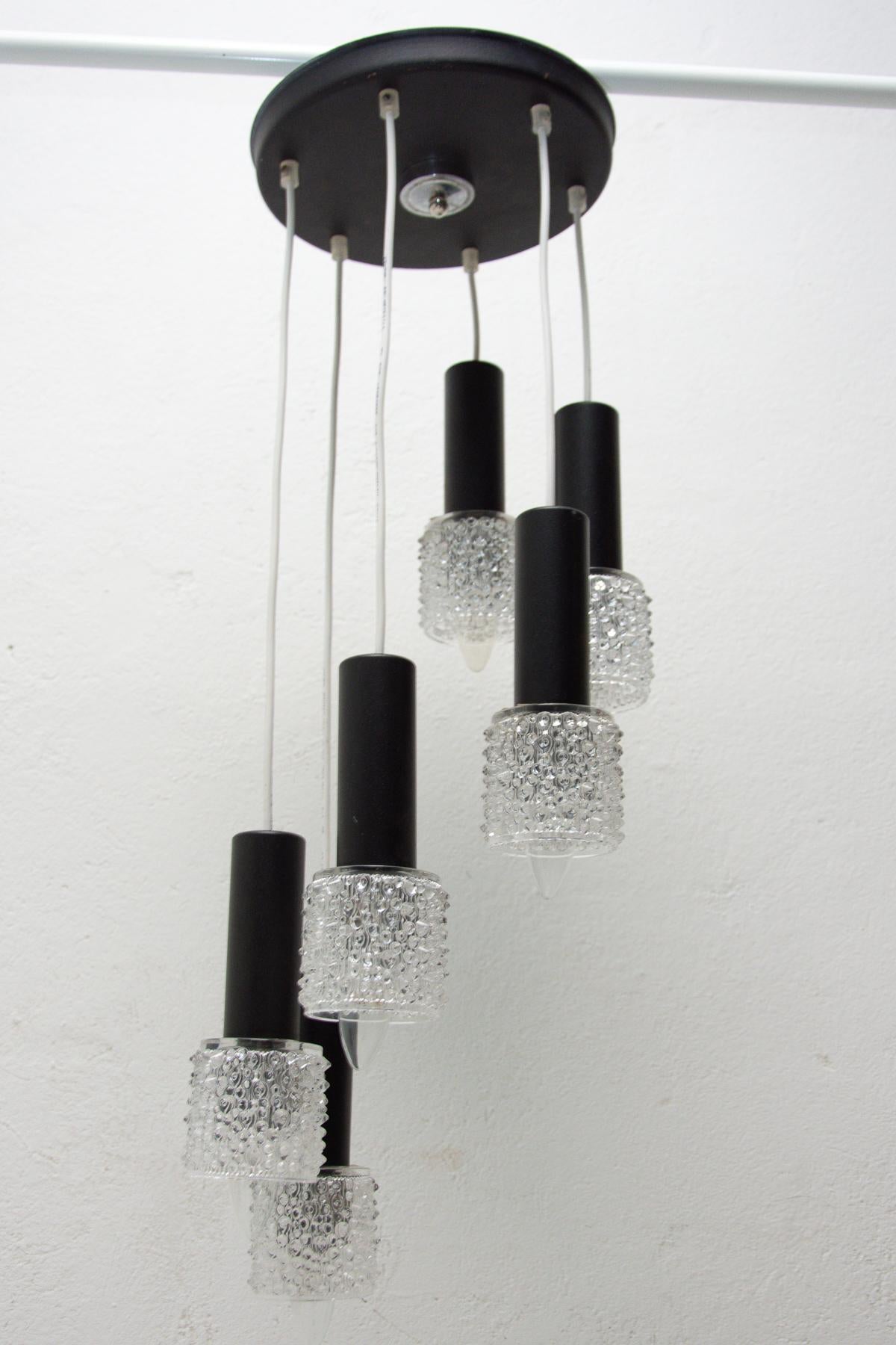 Metal  Vintage Hanging Chandelier with Six Glass Lampshades, Instala Děčín, Czech