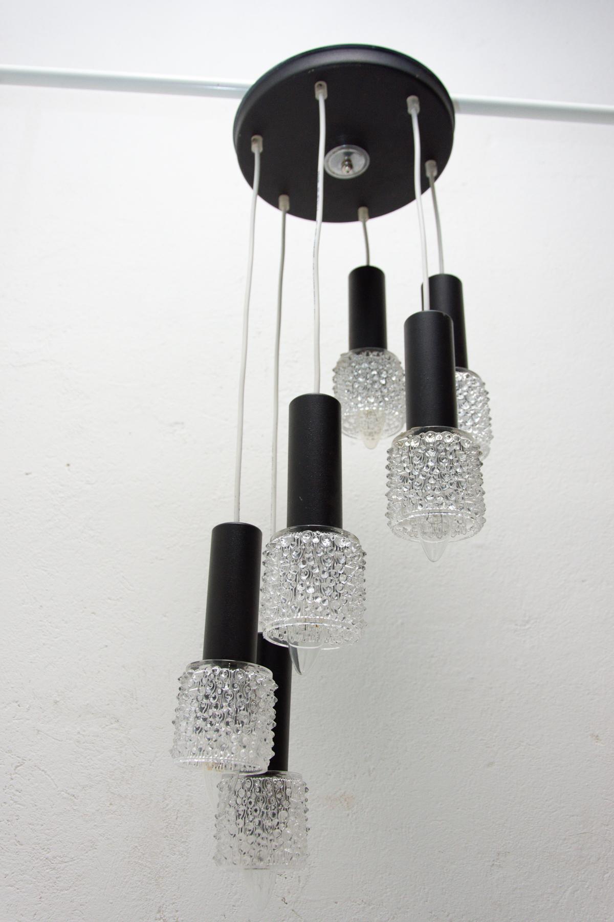  Vintage Hanging Chandelier with Six Glass Lampshades, Instala Děčín, Czech 1