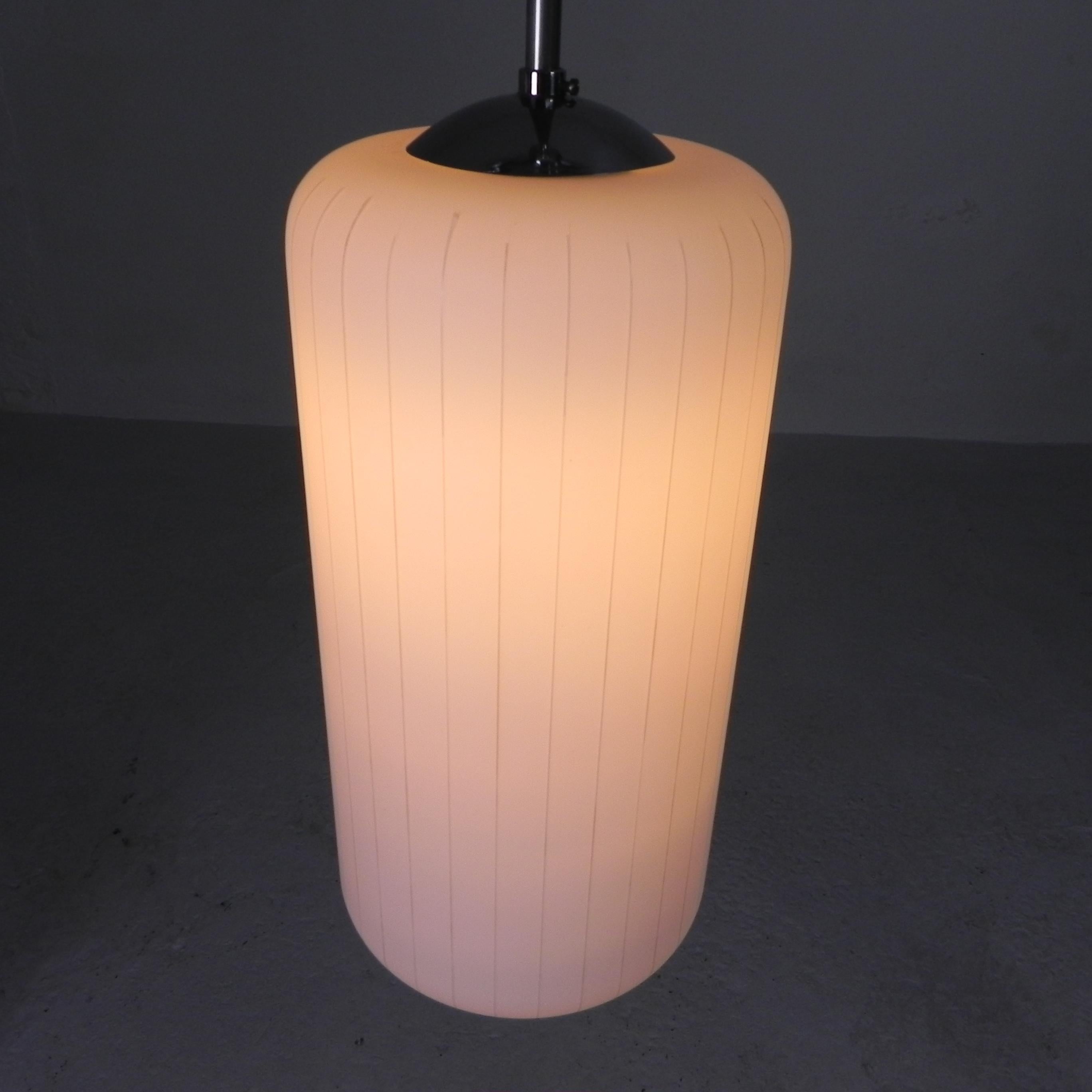 Vintage hanging lamp with cylindrical white glass shade, 1950s For Sale 3