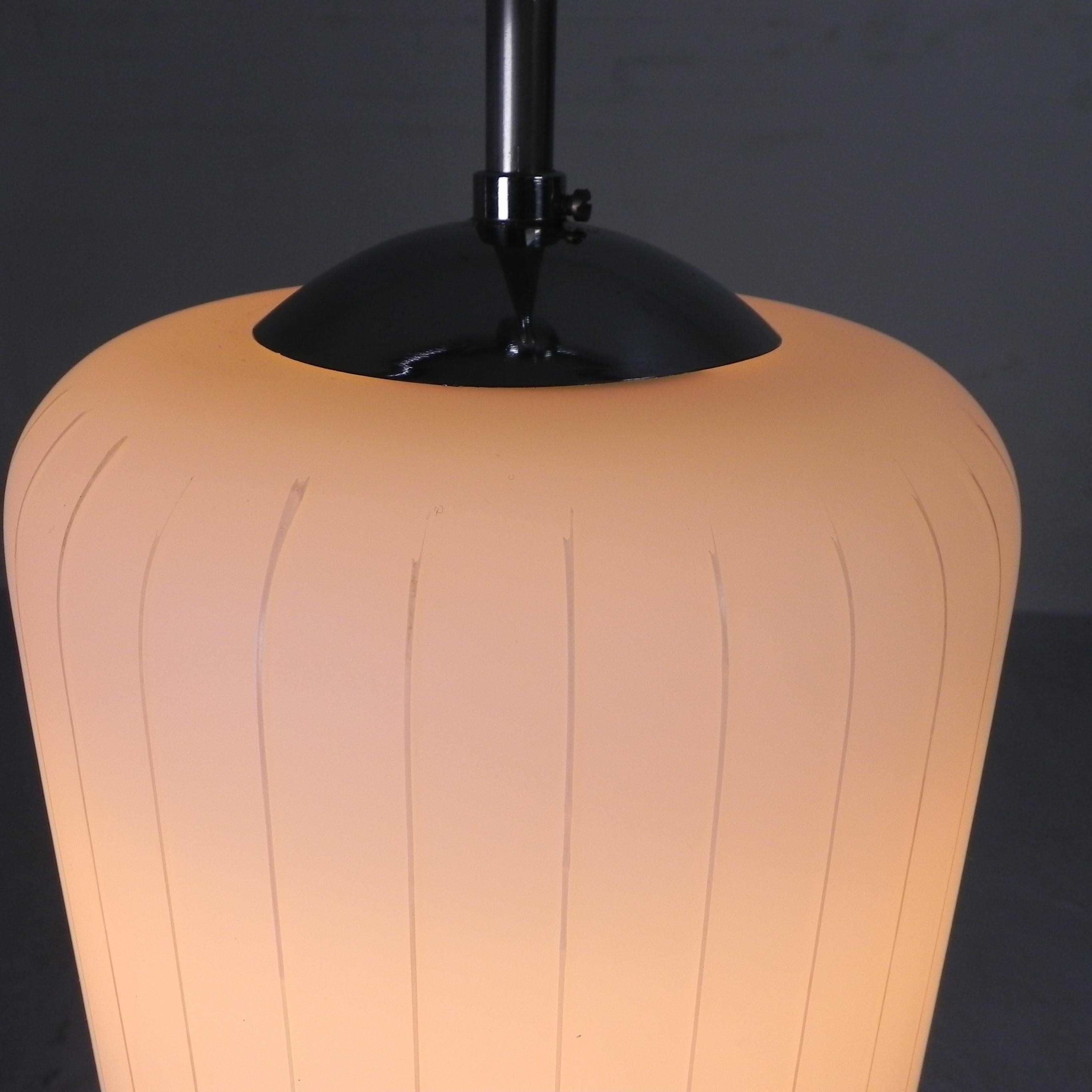 Vintage hanging lamp with cylindrical white glass shade, 1950s For Sale 5