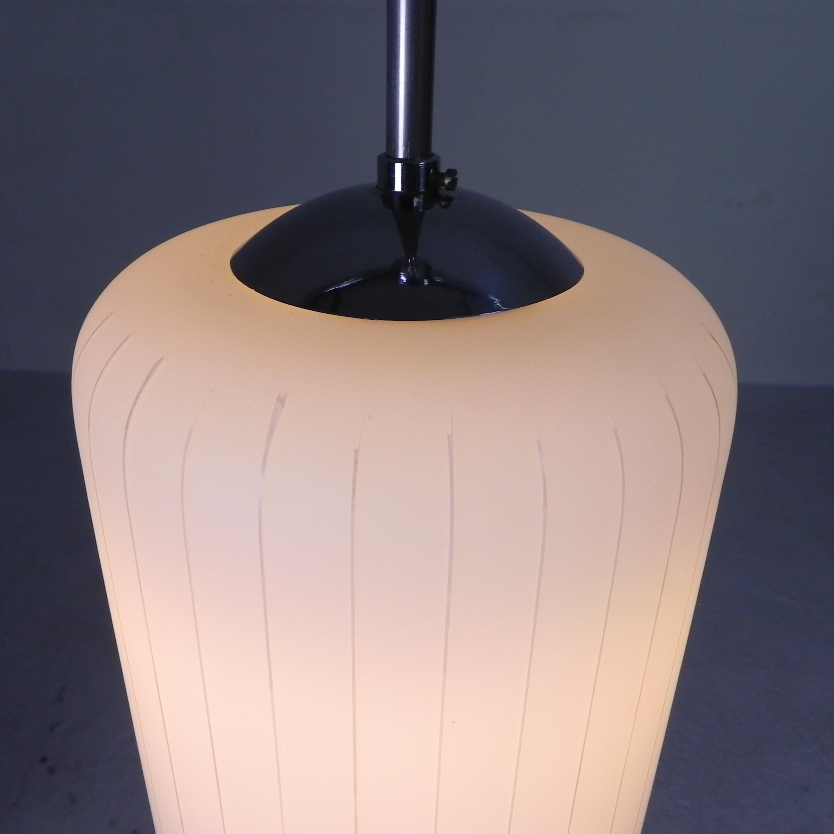 Vintage hanging lamp with cylindrical white glass shade, 1950s For Sale 6