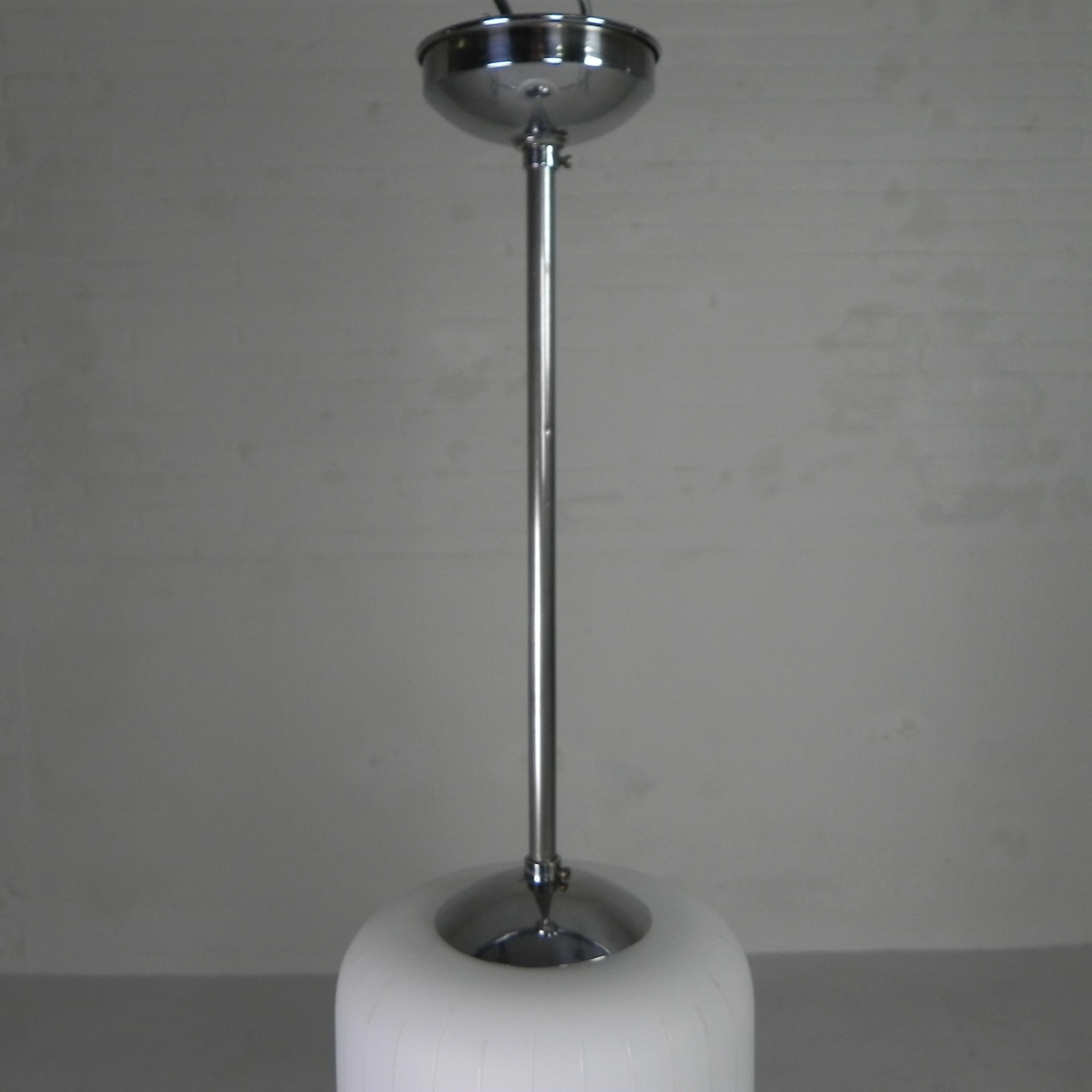 Vintage hanging lamp with cylindrical white glass shade, 1950s For Sale 7