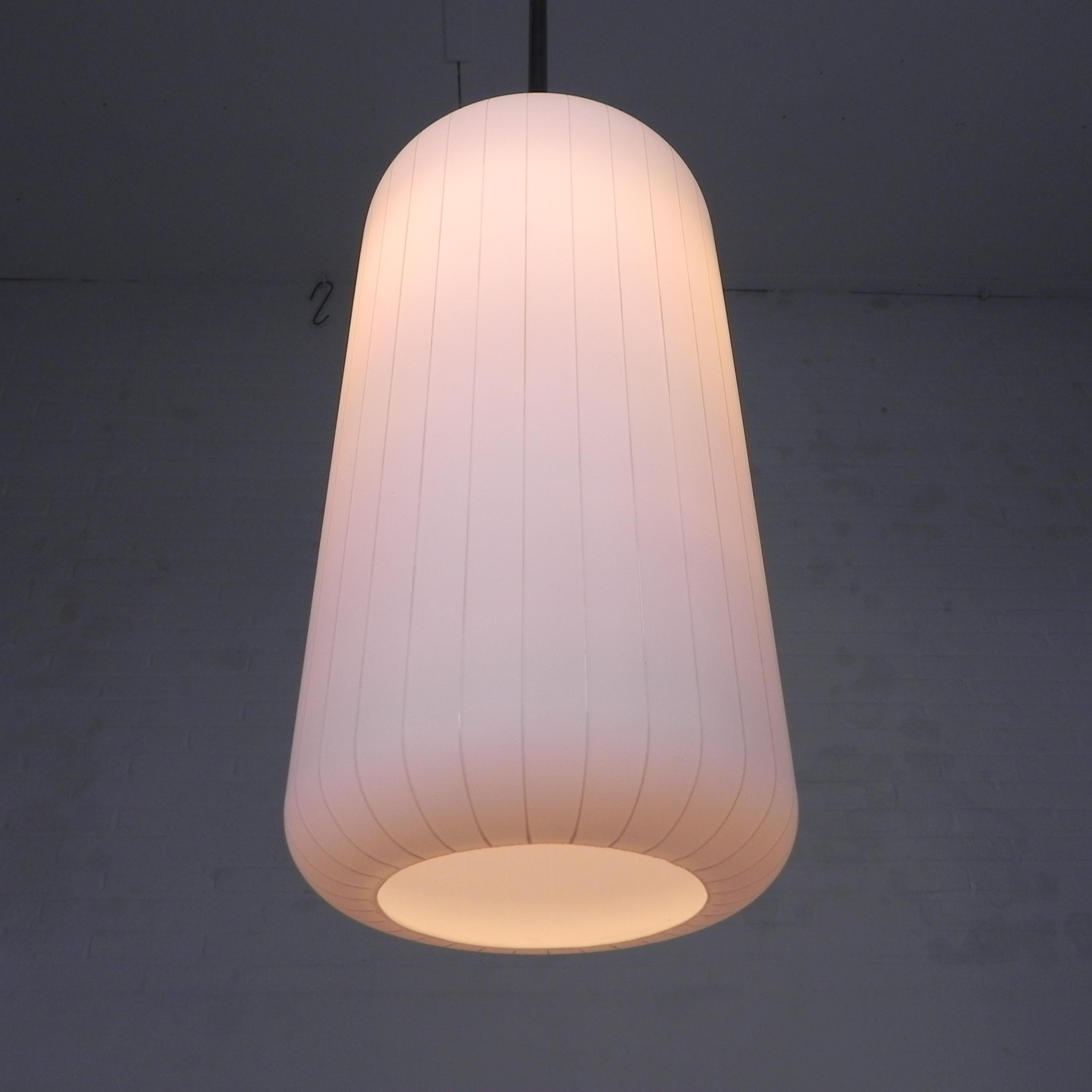 Vintage hanging lamp with cylindrical white glass shade, 1950s For Sale 1