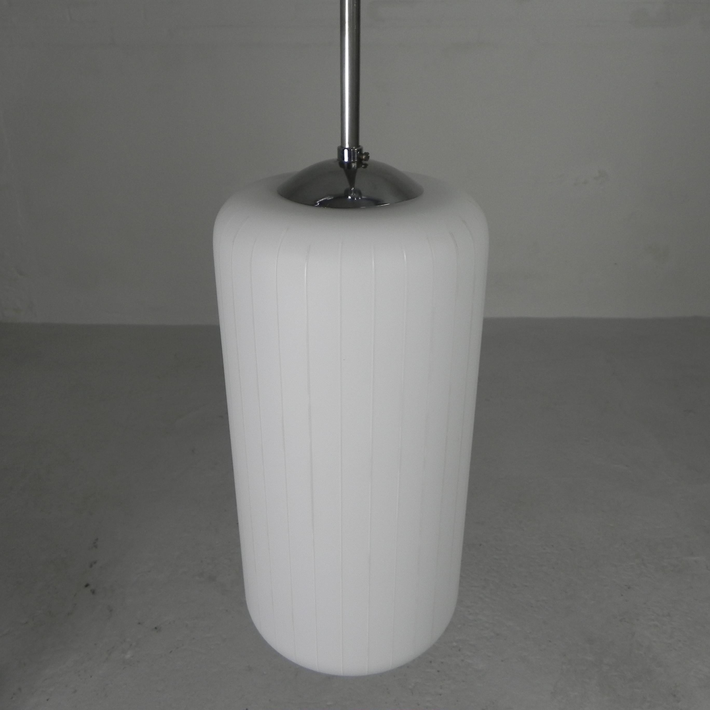 Vintage hanging lamp with cylindrical white glass shade, 1950s For Sale 2