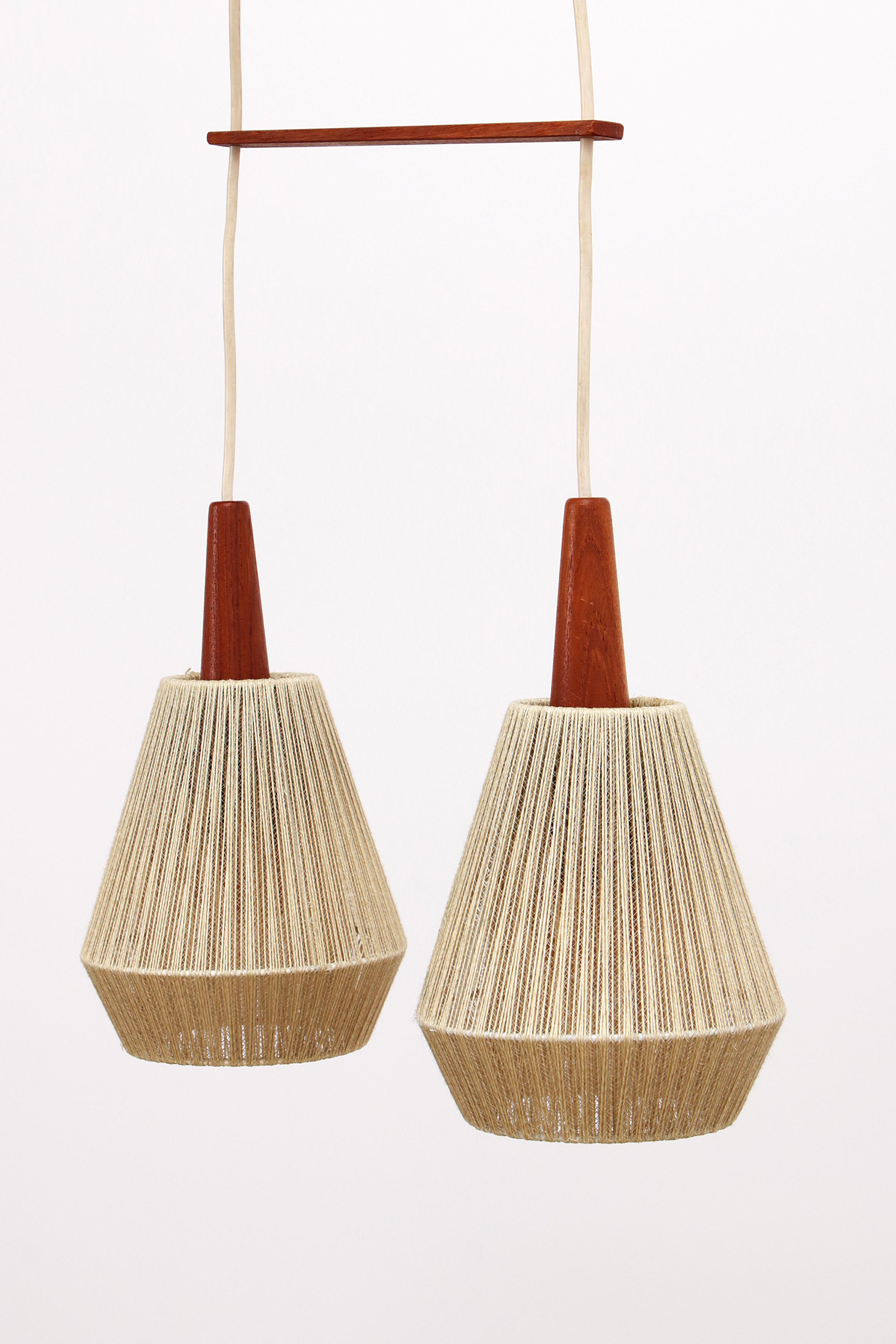 Danish Vintage hanging lamp with two shades and teak, 1960s Sweden For Sale