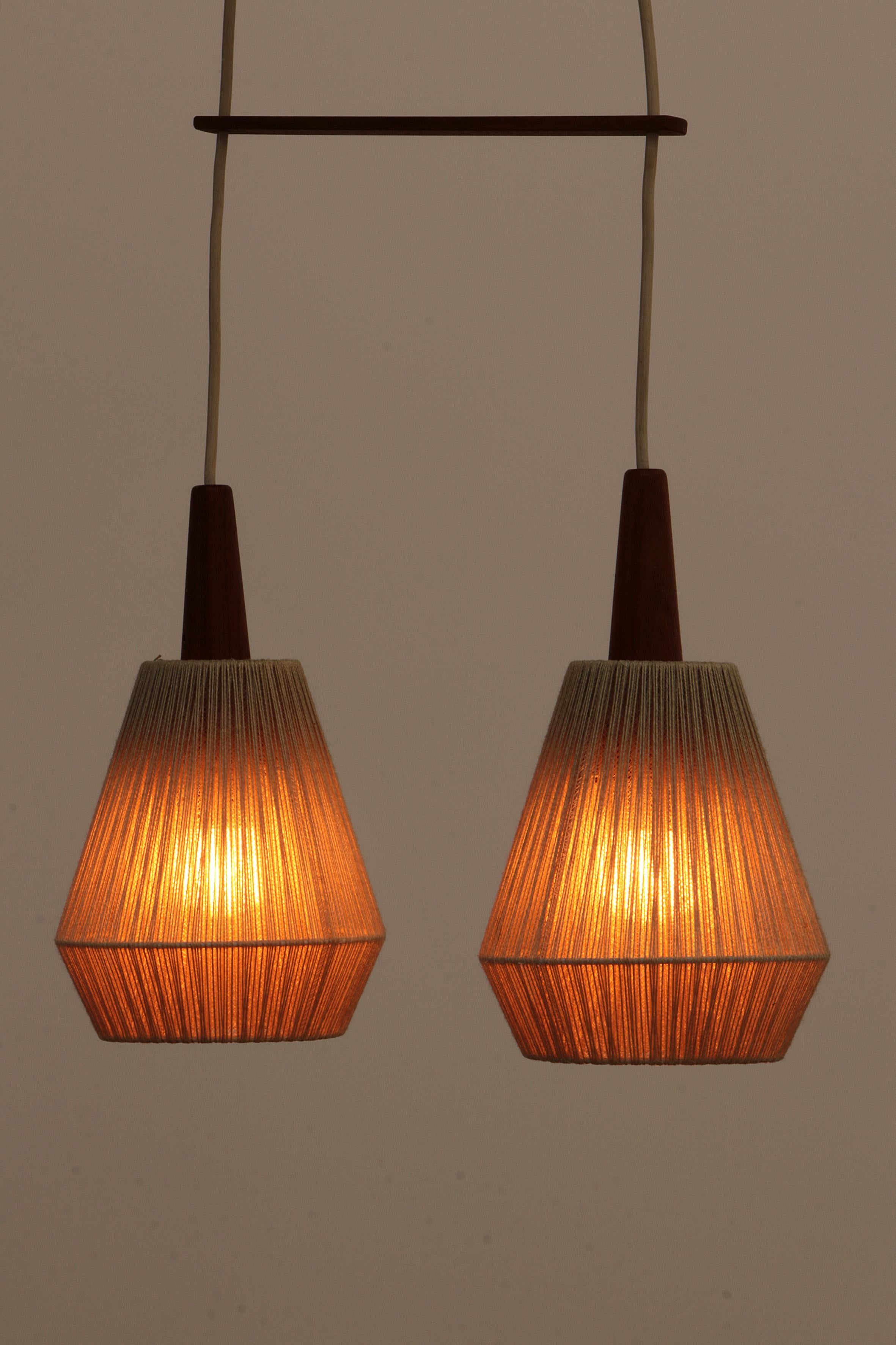 Vintage hanging lamp with two shades and teak, 1960s Sweden For Sale 2