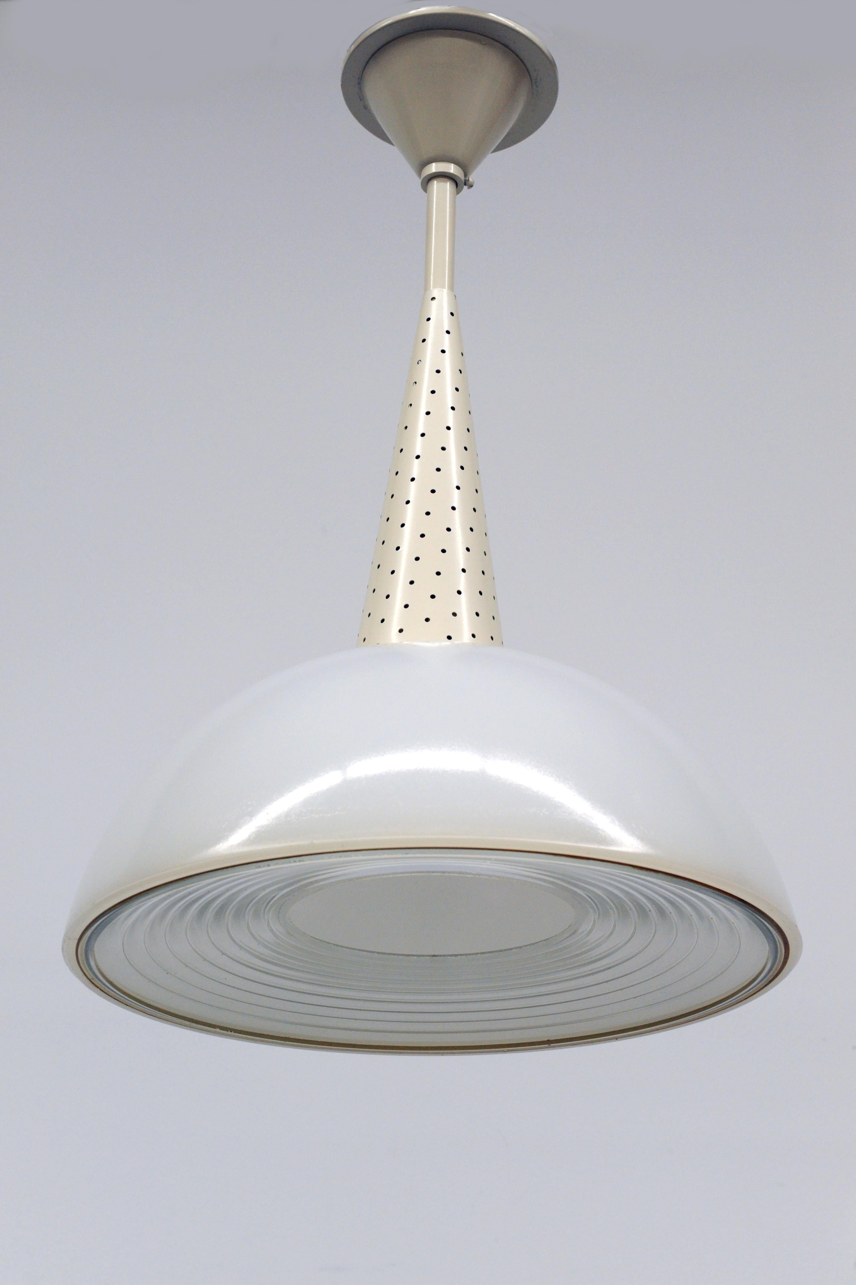 Mathieu Mategot (1910-2001) hanging metal and glass pendant light, France, 1950s. Enameled and perforated metal, milk and clear glass shade. Light has been rewired and is in excellent condition.