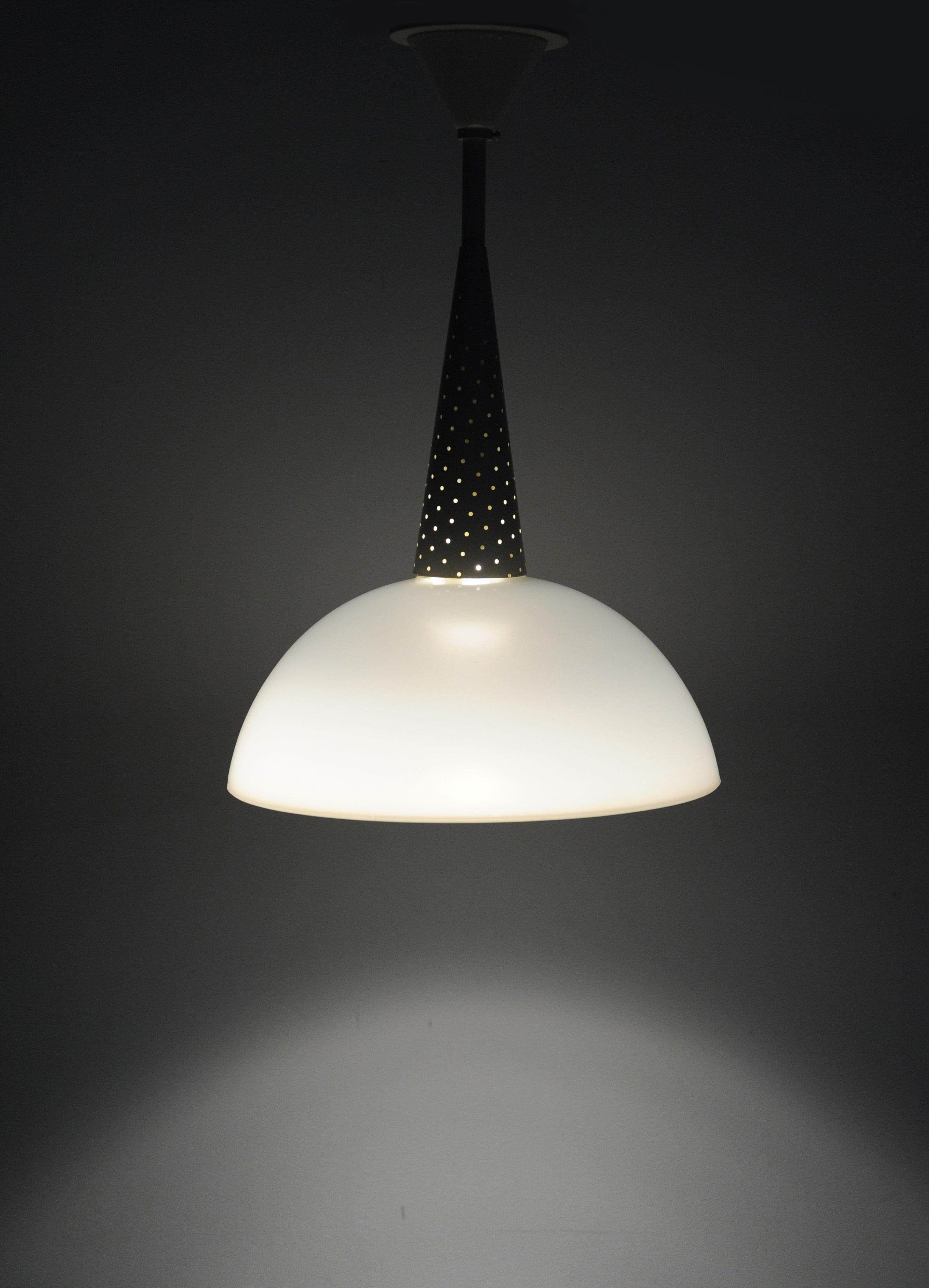 Vintage French Modern Mathieu Mategot Perforated Metal with Milk Glass Shade In Good Condition In Washington, DC