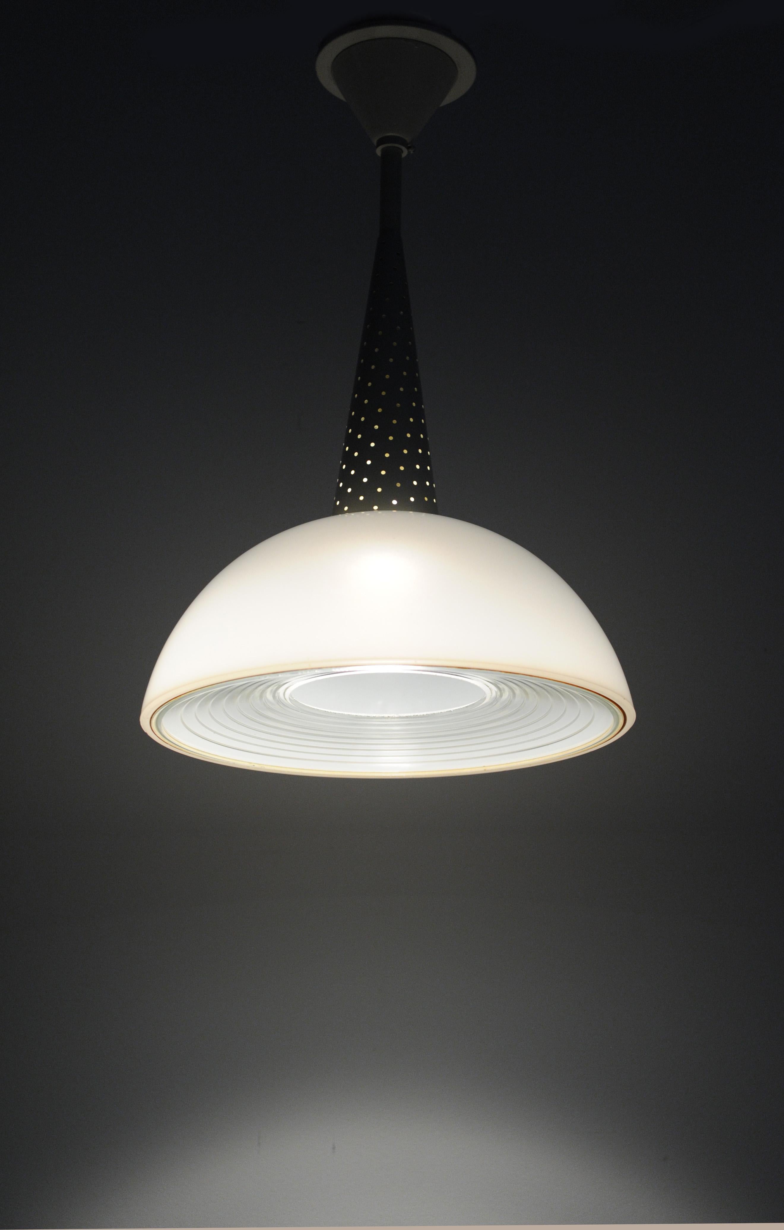 Mid-20th Century Vintage French Modern Mathieu Mategot Perforated Metal with Milk Glass Shade